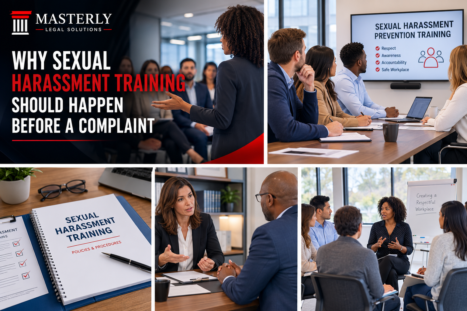 Masterly Legal Solutions graphic showing workplace sexual harassment training, a prevention workshop, policy handbook, HR consultation, and employee discussion promoting a respectful, compliant workplace.