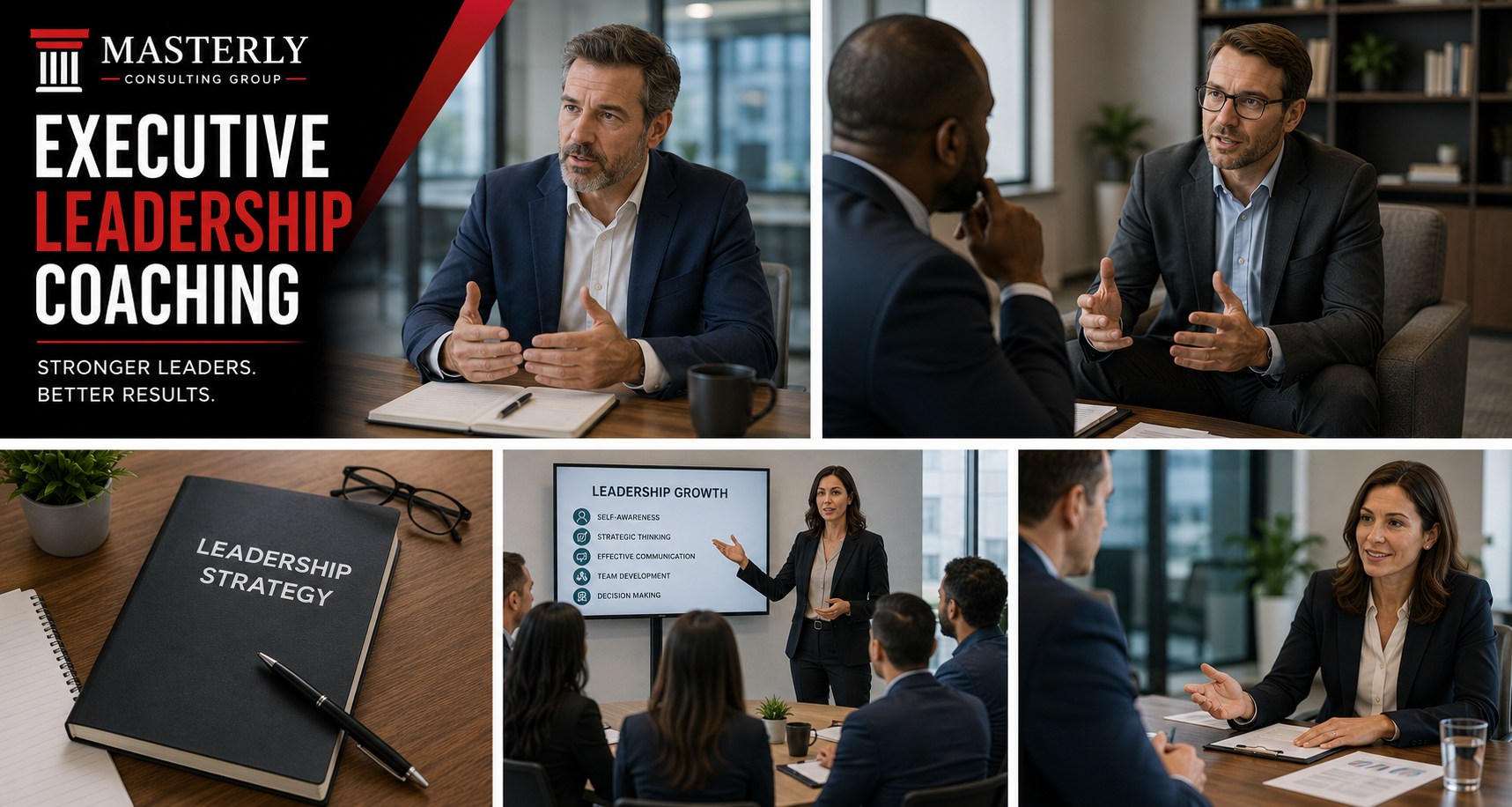 Branded Masterly Consulting Group graphic featuring executive leadership coaching, one-on-one executive coaching sessions, leadership strategy planning, team leadership training, and professional business development.