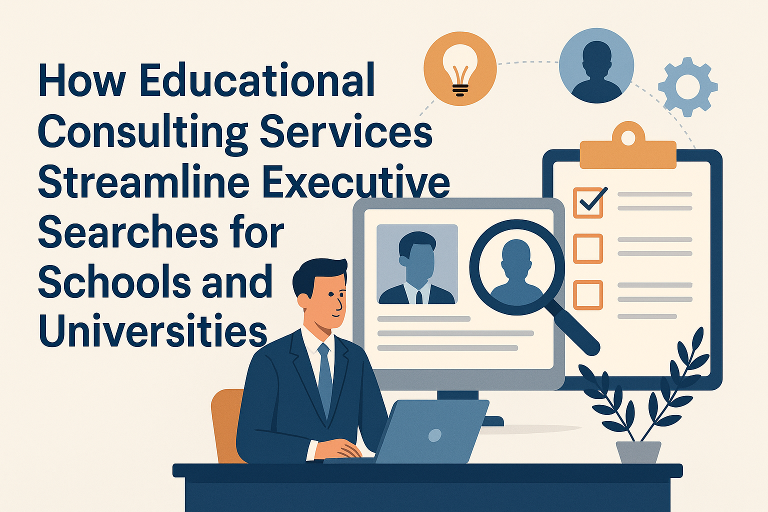 Illustration showing how educational consulting services support executive searches for schools and universities. On the left, a professional consultant in a suit sits at a desk using a laptop. On the right, a large clipboard with a checklist and candidate profiles is visible, with icons above representing innovation (lightbulb), networking (avatar), and efficiency (gear). A magnifying glass highlights one selected candidate. The scene uses a professional blue, orange, and gray color scheme, conveying structure and clarity in the hiring process.