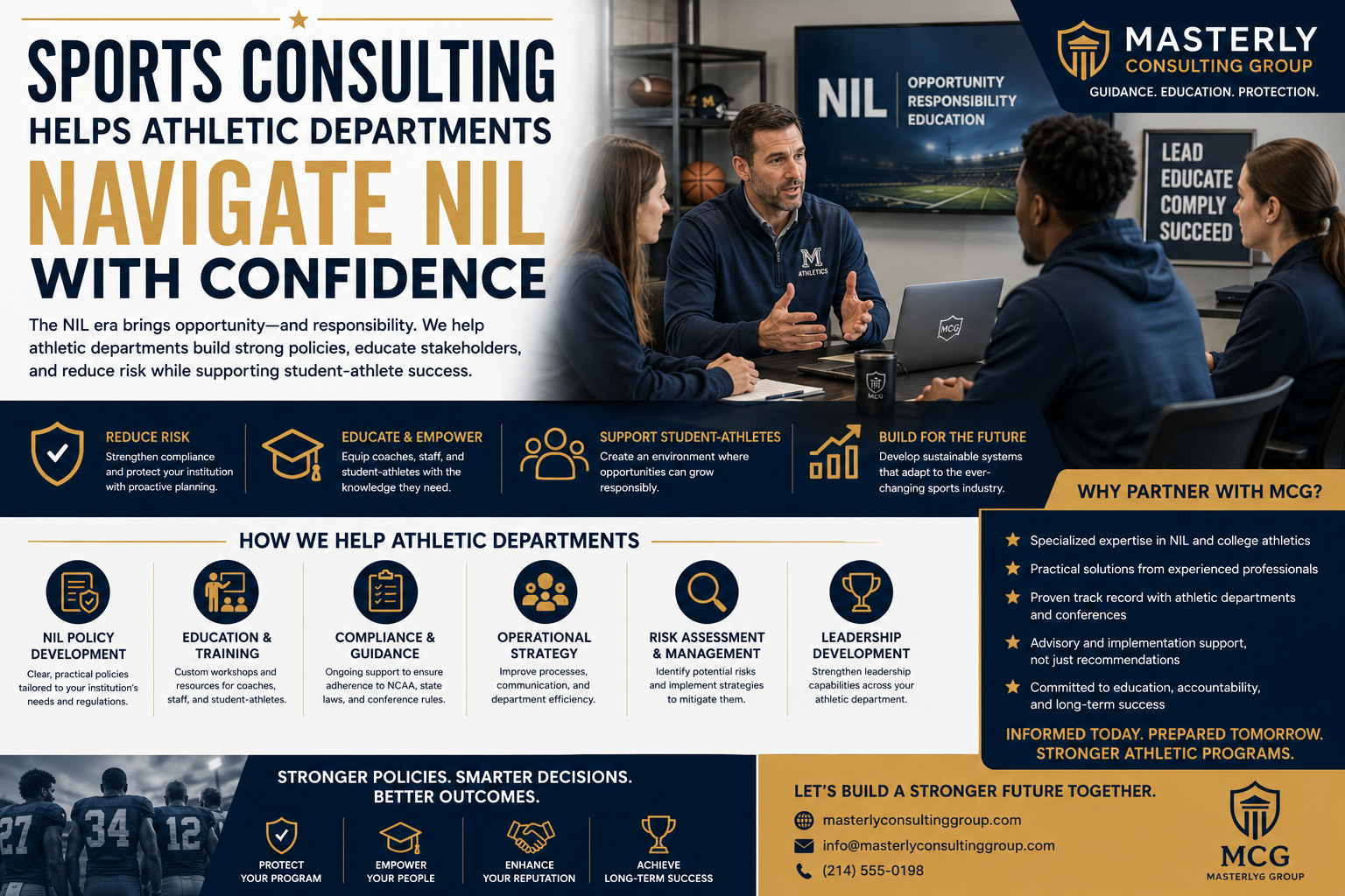 Professional sports consulting infographic featuring athletic department leaders discussing Name, Image, and Likeness (NIL) compliance, with icons highlighting policy development, education, compliance guidance, leadership training, risk management, and strategic consulting services for colleges and universities.