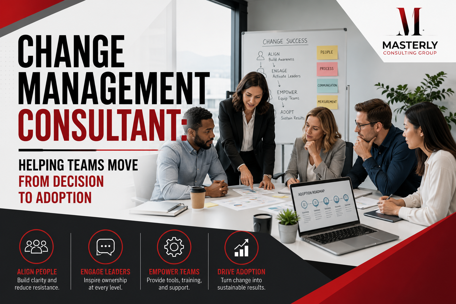 Change management consultant leading a workplace team meeting with strategy plans and laptop.
