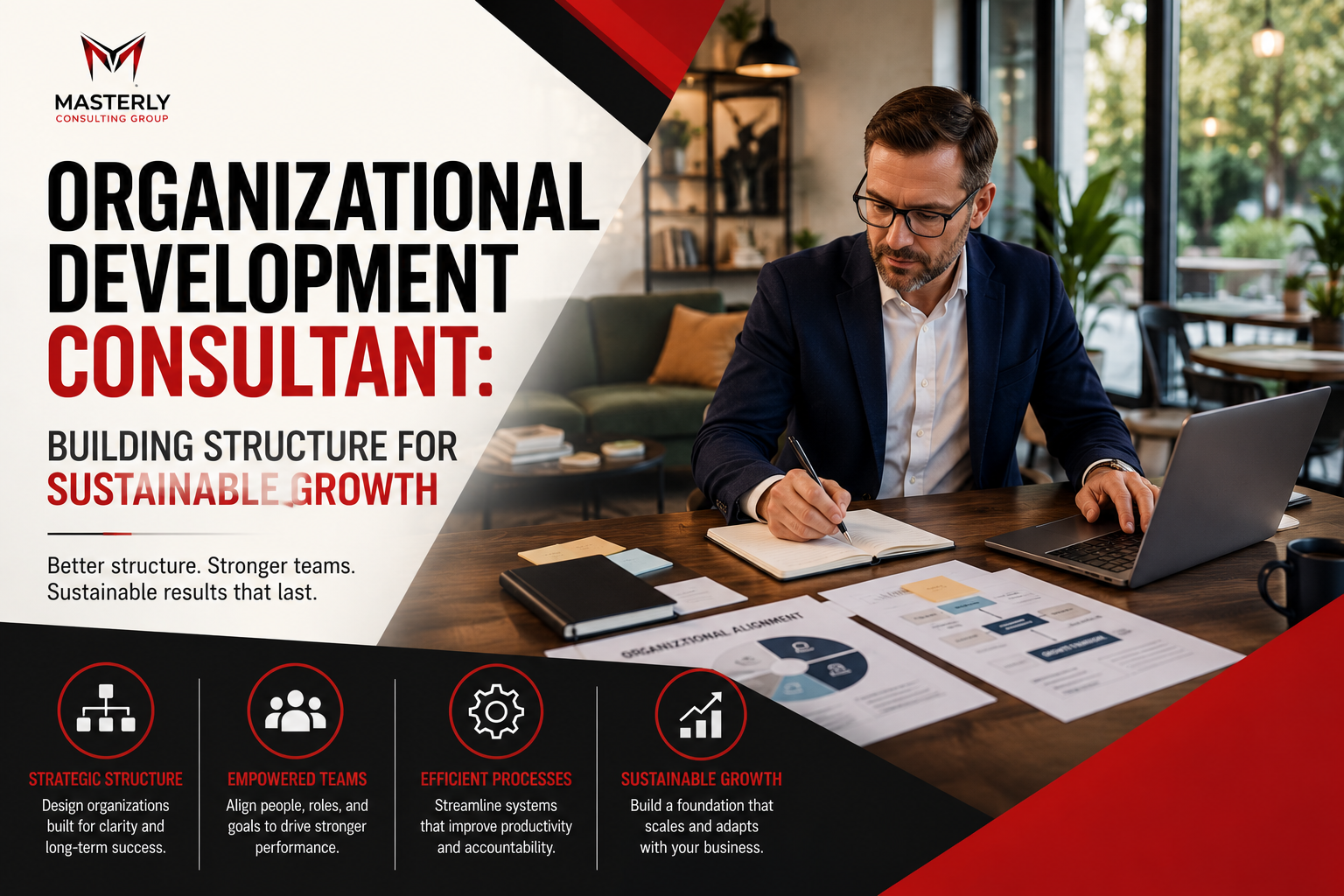 Organizational development consultant reviewing business strategy with laptop in a modern office