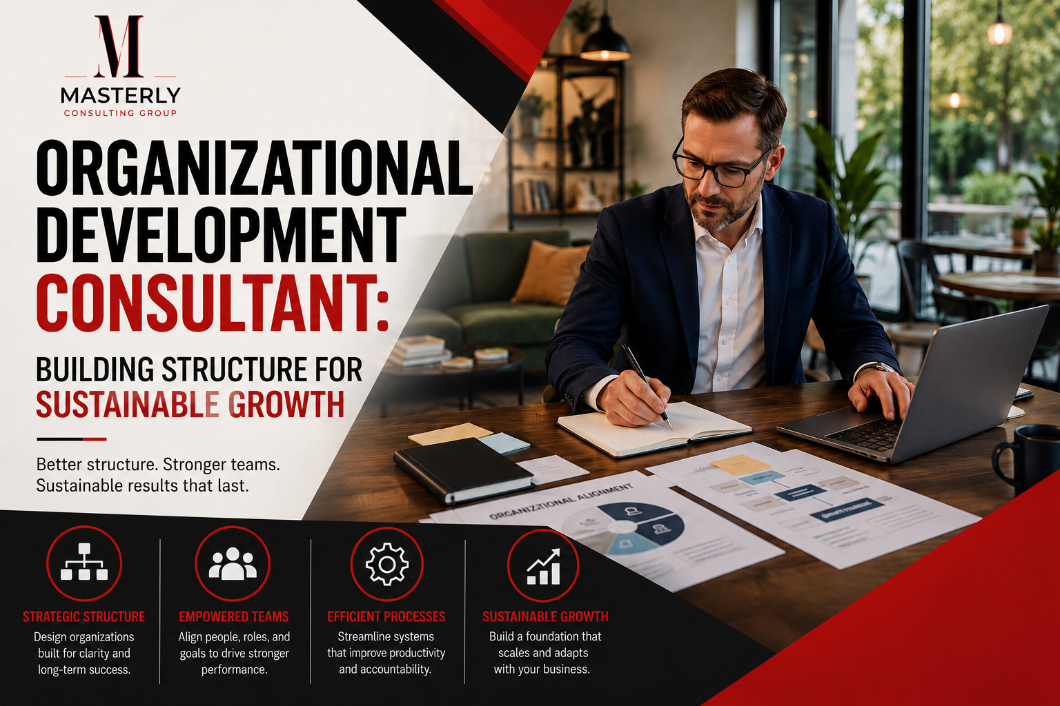 Organizational development consultant reviewing business strategy with laptop in a modern office