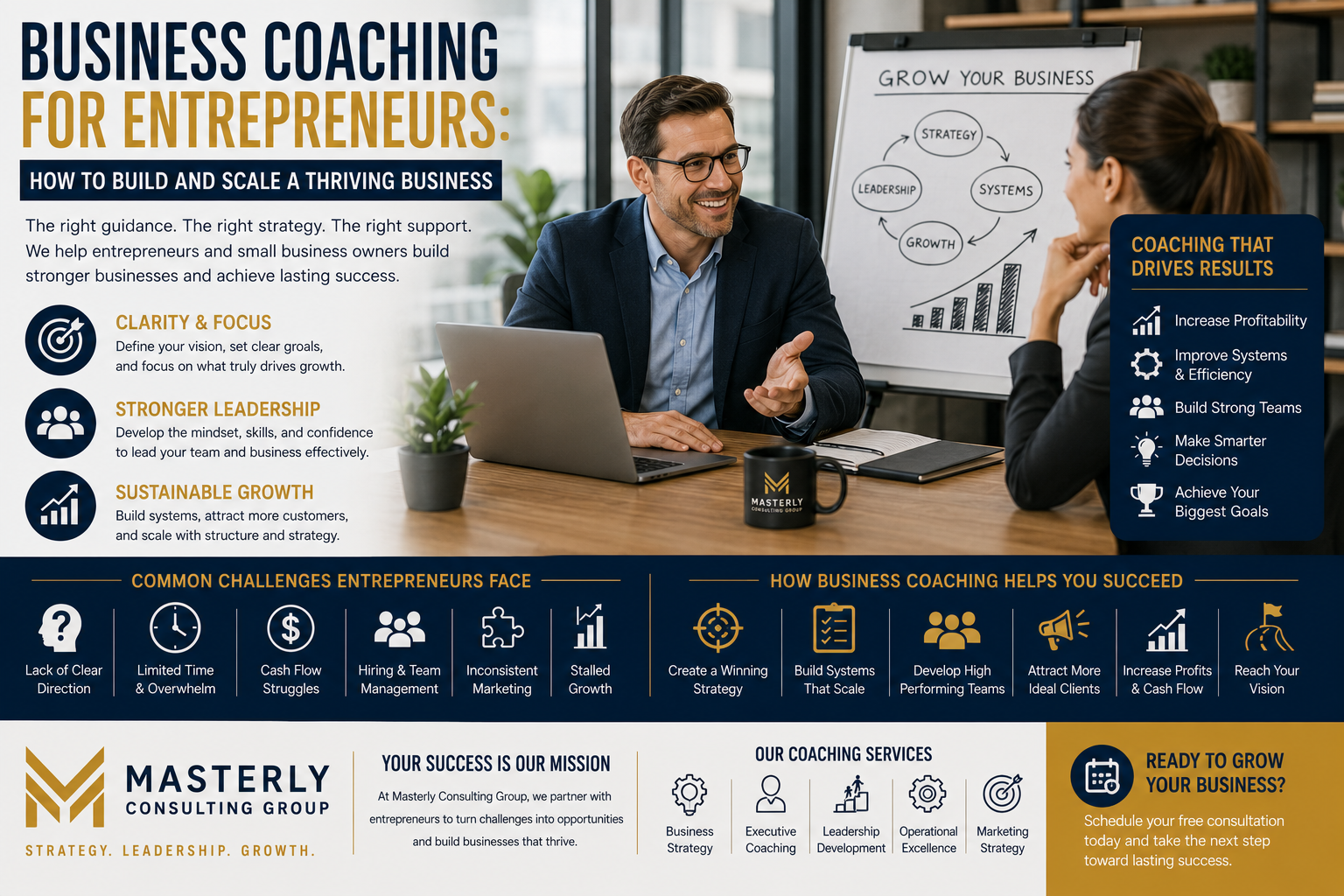Business coach meeting with an entrepreneur in a modern office, discussing growth strategy, leadership development, goal setting, business systems, and scaling a successful small business.
