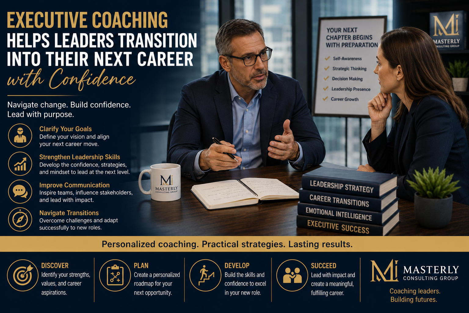Executive coach meeting with a business leader to discuss career transition, leadership development, strategic planning, and professional growth in a corporate office.