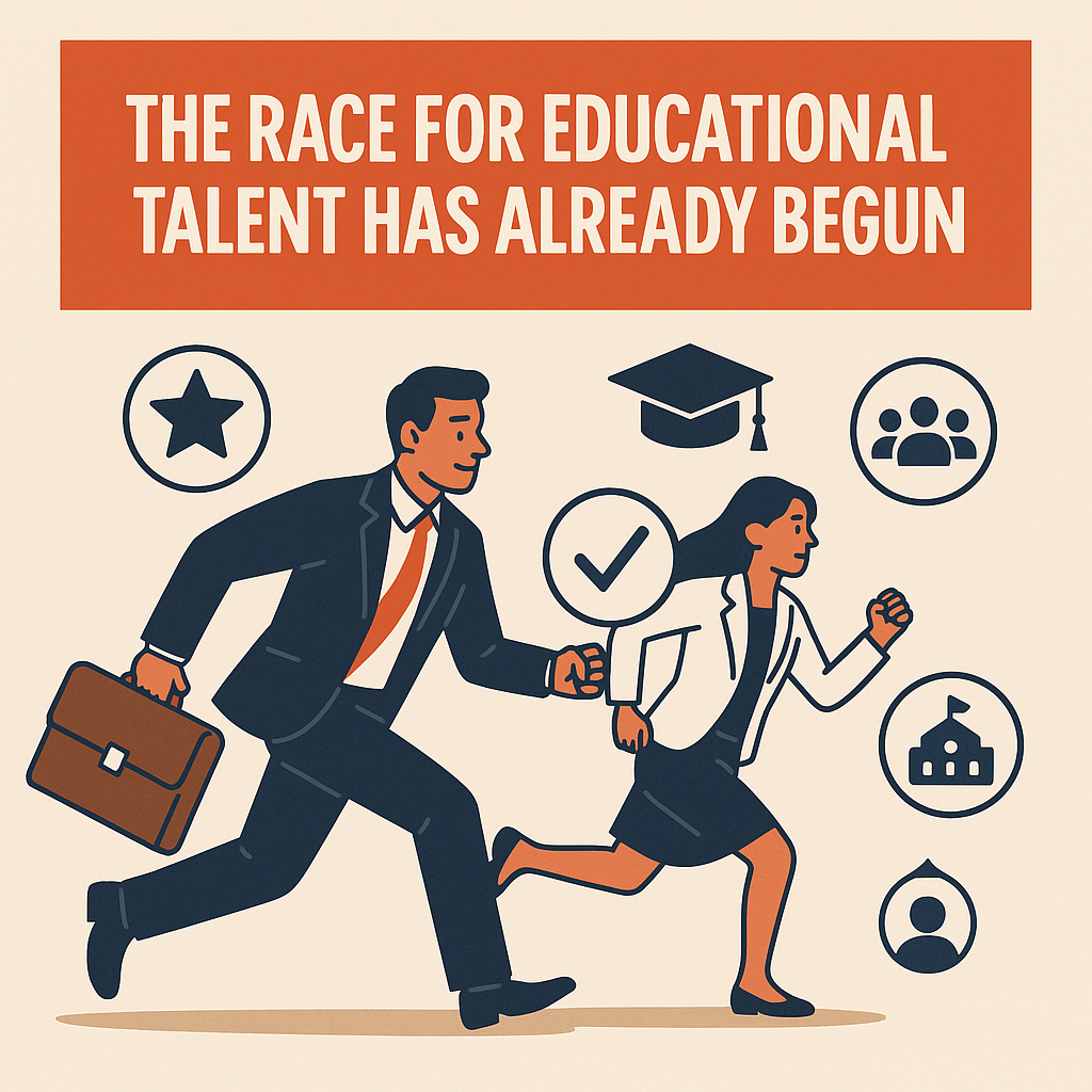 Flat-style digital illustration with the headline 'THE RACE FOR EDUCATIONAL TALENT HAS ALREADY BEGUN' in bold white letters on an orange-red banner. Below, a man in a suit holding a briefcase and a woman in professional attire are shown sprinting forward. Surrounding them are icons representing education, including a graduation cap, a school building, a checkmark, a star, and groups of people, symbolizing urgency in recruiting top educational talent.