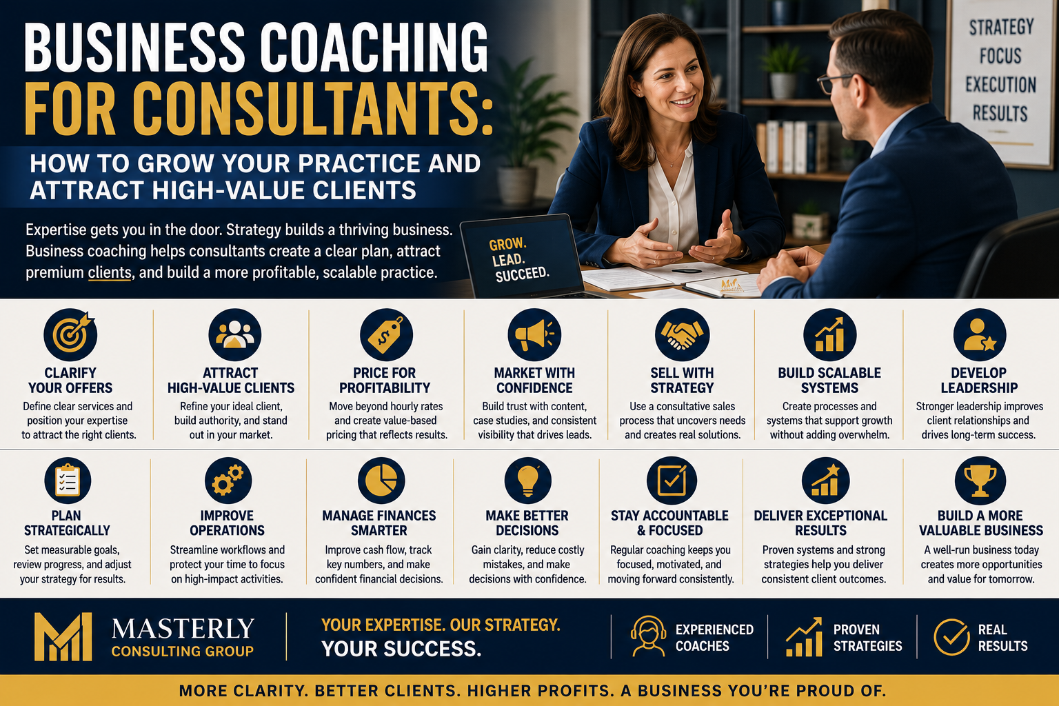 Business coach meeting with a consultant in a modern office, discussing growth strategies, client acquisition, leadership, and business development to build a profitable consulting practice.