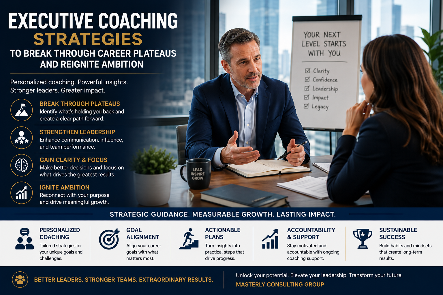 Executive coach meets with a business leader in a modern office, discussing leadership development, career growth, goal setting, and strategies to overcome career plateaus through personalized executive coaching.
