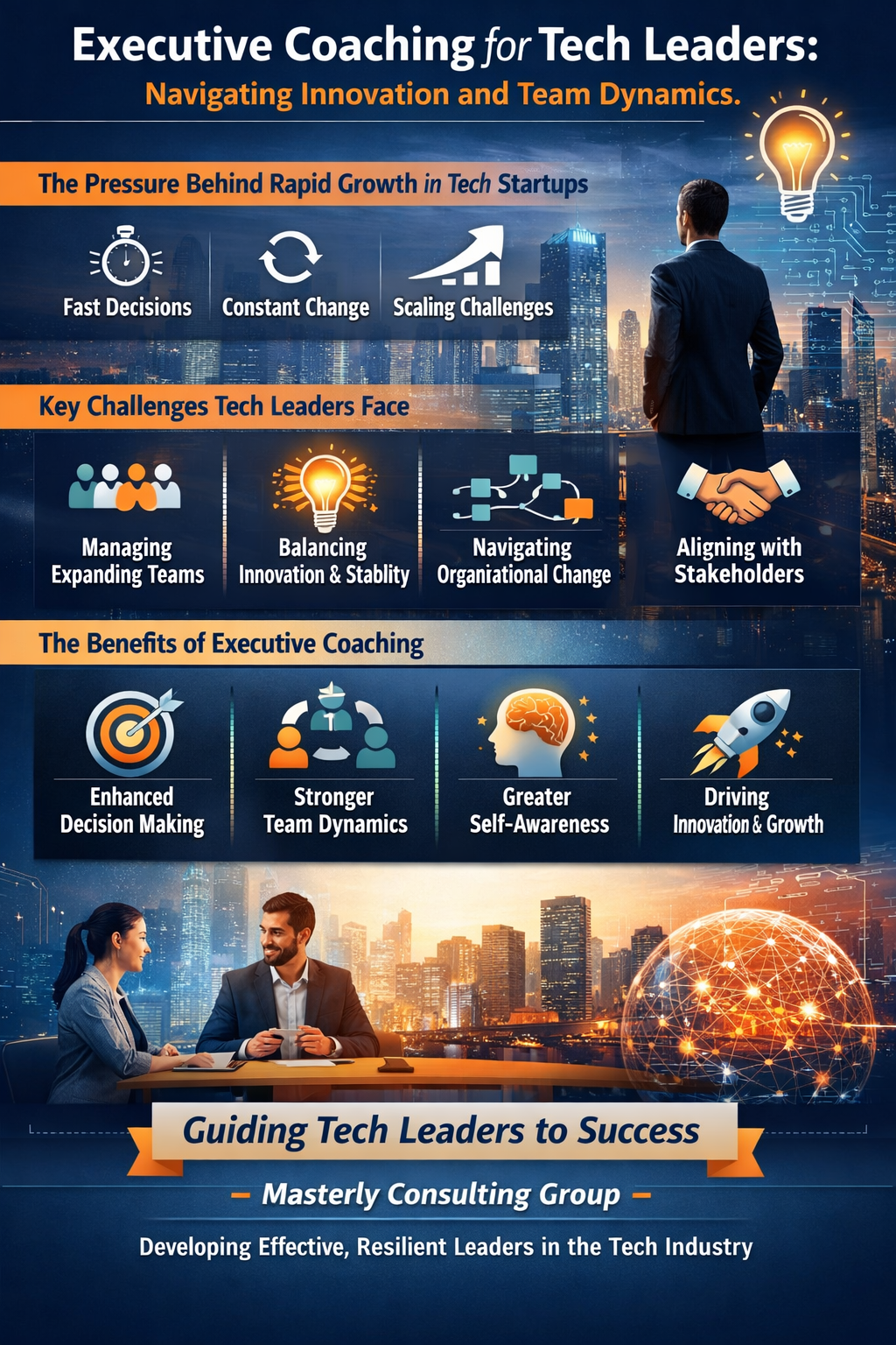 Infographic illustrating executive coaching for tech leaders, highlighting challenges like rapid growth, team expansion, and organizational change, along with benefits such as improved decision-making, stronger team dynamics, increased self-awareness, and driving innovation and growth.
