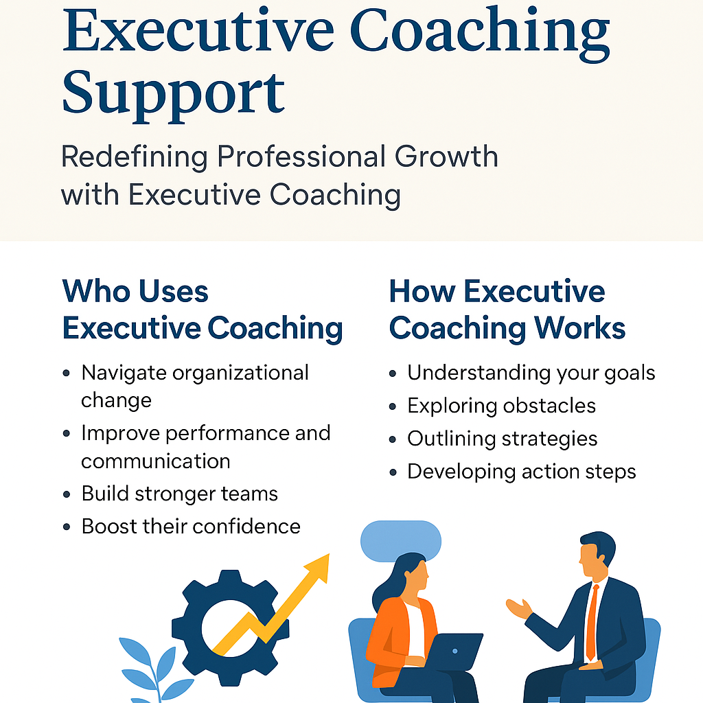 Executive coaching infographic showing who uses coaching and how it works, with illustrated business professionals in a coaching session.