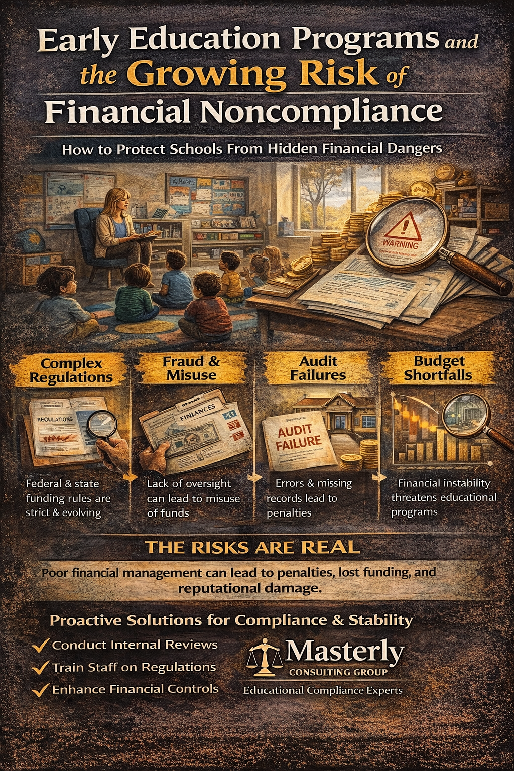 Early Education Programs and the Growing Risk of Financial Noncompliance – How to Protect Schools From Hidden Financial Dangers.” The design uses warm, earthy tones with an illustrated classroom scene at the top, where a teacher reads to young children seated on the floor. To the right, a magnifying glass hovers over financial documents and stacked coins, symbolizing oversight and financial scrutiny.