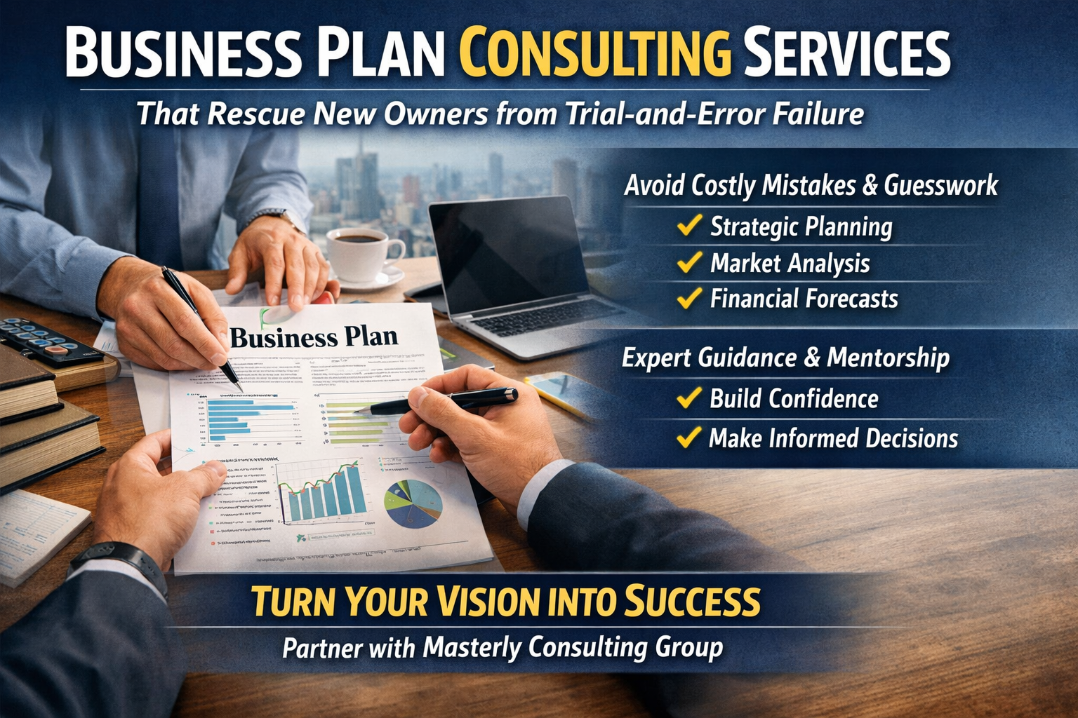 Business Plan Consulting Services That Rescue New Owners from Trial-and-Error Failure.” It shows two professionals reviewing and marking up a printed business plan with charts and graphs on a desk, alongside a laptop and calculator. The right side lists key benefits such as strategic planning, market analysis, and financial forecasts, as well as guidance and mentorship to build confidence and make informed decisions. The bottom message emphasizes turning your vision into success by partnering with Masterly Consulting Group.