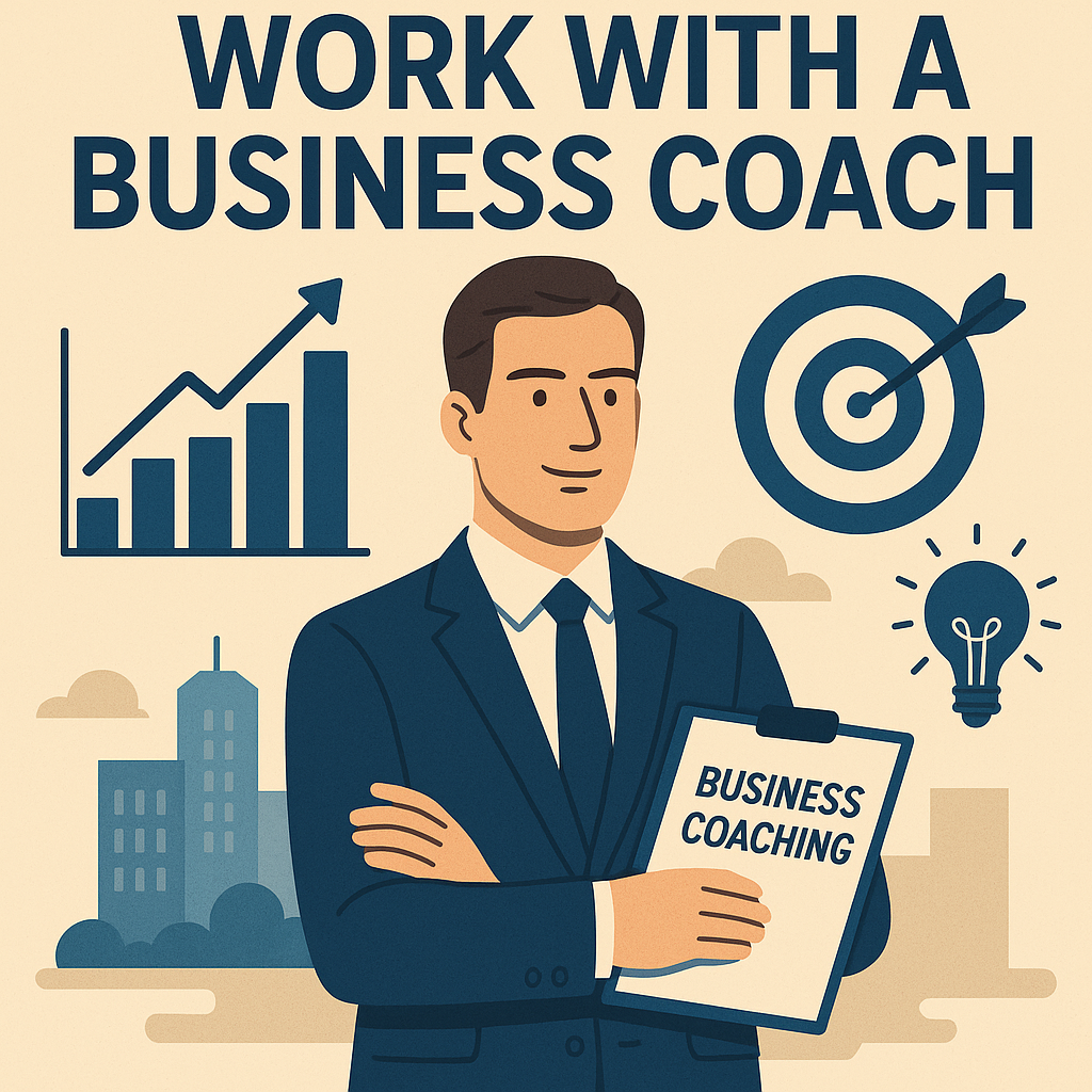 Business Coaching.” Behind him are icons representing growth and success, including a rising bar chart, a dartboard with an arrow hitting the center, and a lightbulb symbolizing ideas. The background shows a minimalist cityscape in blue and beige tones, conveying professionalism, strategy, and achievement.