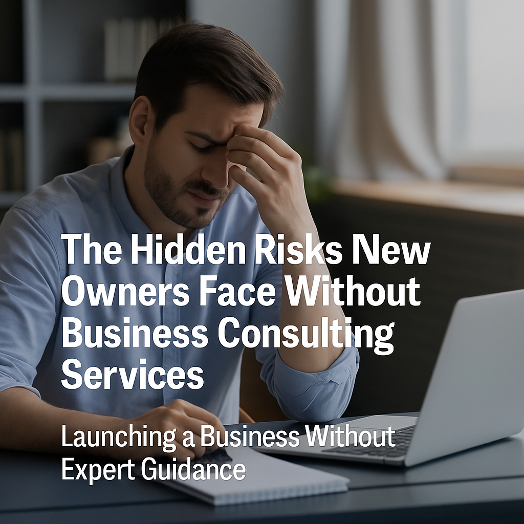 A young male entrepreneur sits at his desk in a modern office, holding his forehead in frustration while looking down at documents beside a laptop. The image conveys the stress and uncertainty of launching a business without professional support. Overlaid text reads, βThe Hidden Risks New Owners Face Without Business Consulting Services β Launching a Business Without Expert Guidance,β emphasizing the importance of expert consulting for new entrepreneurs.