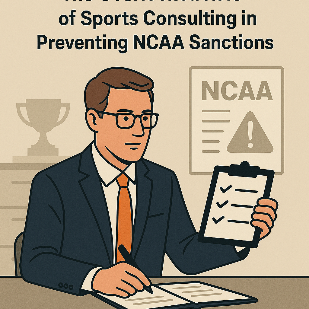 Illustration of a professional sports consultant in a navy suit and orange tie sitting at a desk, reviewing compliance documents and holding a clipboard with checkmarks. Behind him is a wall graphic labeled ‘NCAA’ with a warning icon and a trophy silhouette, representing college athletics compliance. The title above reads ‘The Overlooked Role of Sports Consulting in Preventing NCAA Sanctions.’ The color palette features beige, navy, and orange tones for a professional, collegiate look.