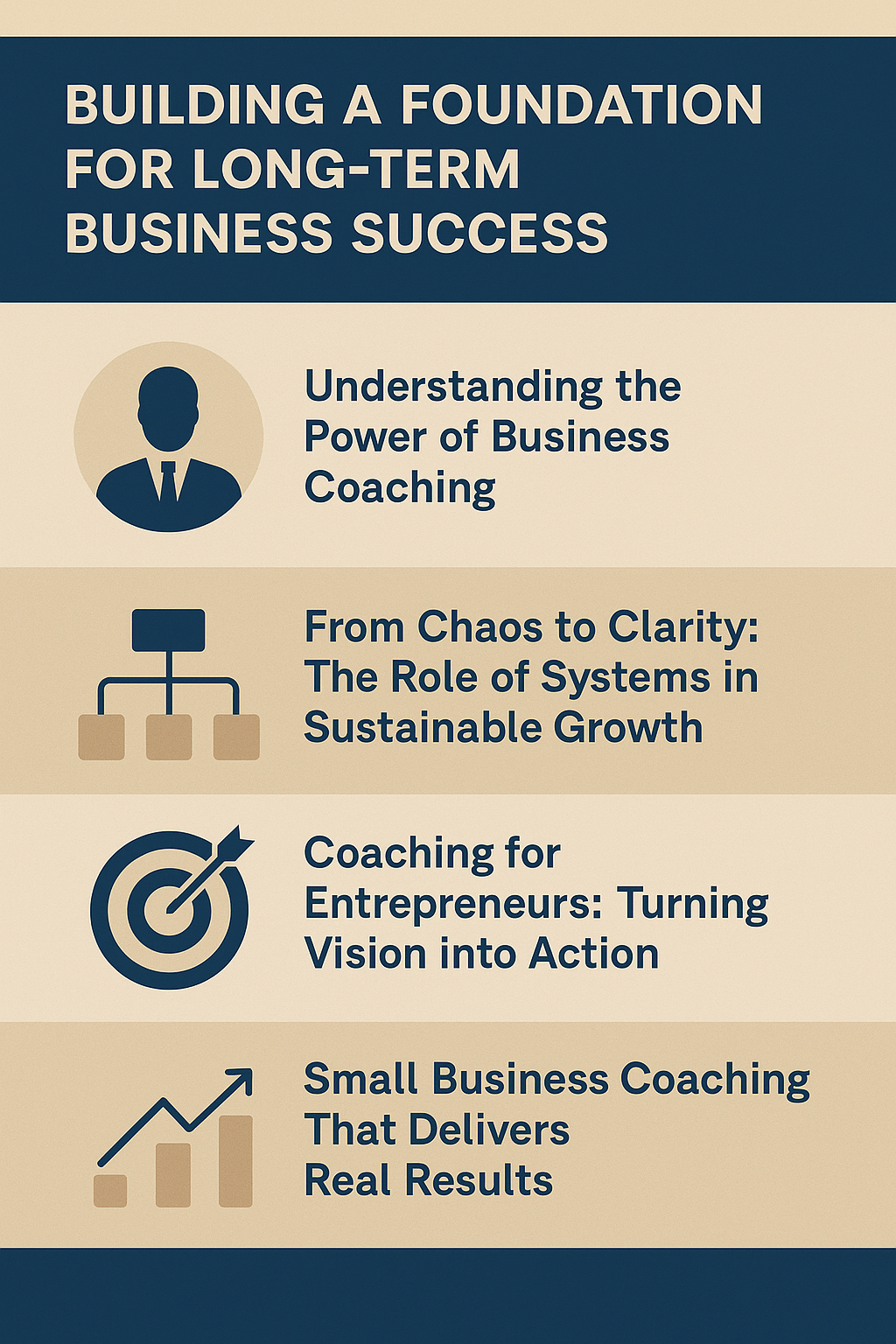 Building a Foundation for Long-Term Business Success.” It features a professional layout in deep blue, beige, and white tones, divided into four sections with icons representing leadership, organization, target achievement, and growth. Headings include “Understanding the Power of Business Coaching,” “From Chaos to Clarity: The Role of Systems in Sustainable Growth,” “Coaching for Entrepreneurs: Turning Vision into Action,” and “Small Business Coaching That Delivers Real Results.” The design conveys professionalism, structure, and long-term growth.