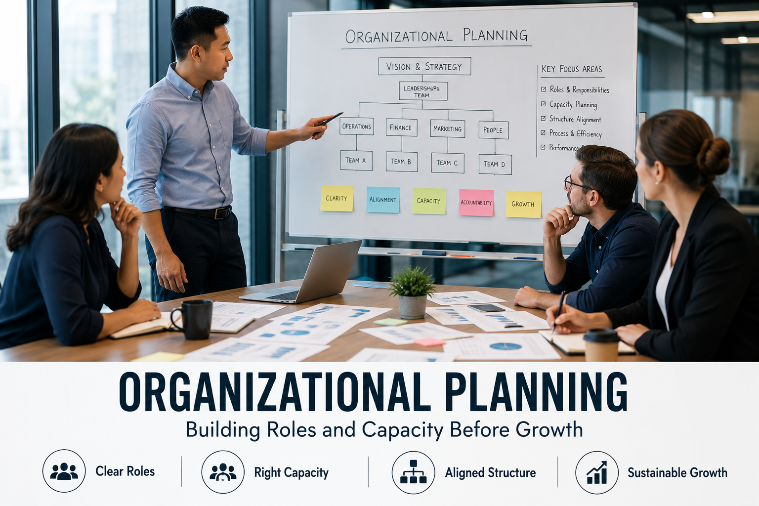 Organizational planning meeting focused on roles, capacity, structure, and business growth.