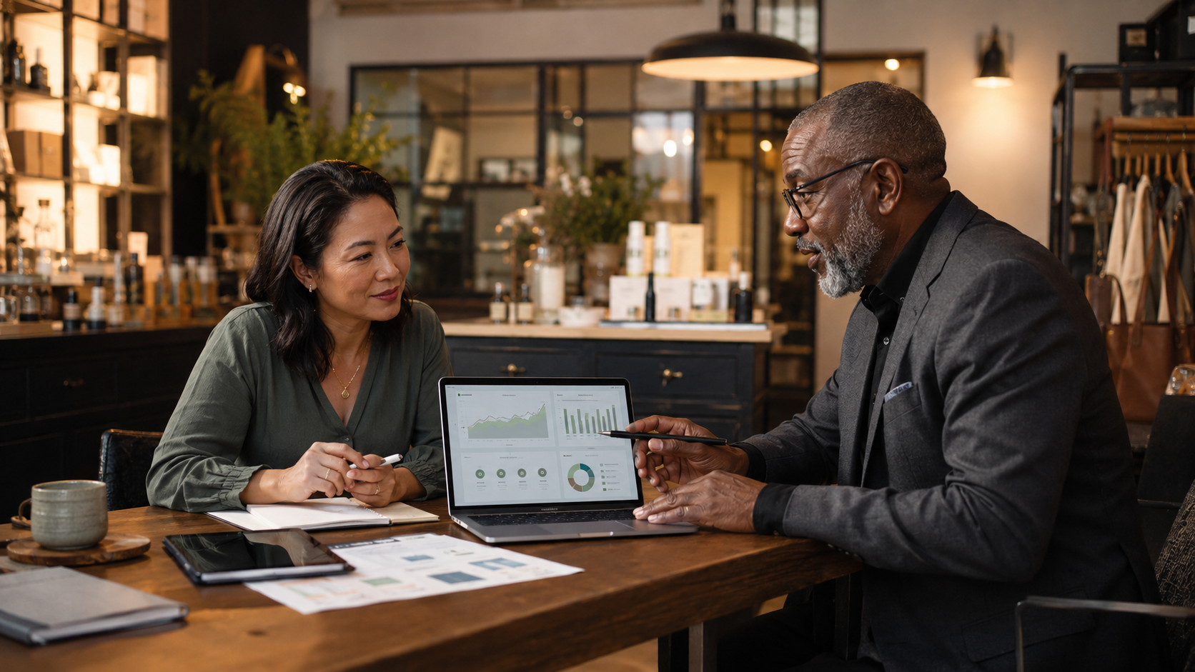 Small-business owner meeting with a business coach to review performance, priorities, operations, and sustainable growth plans.