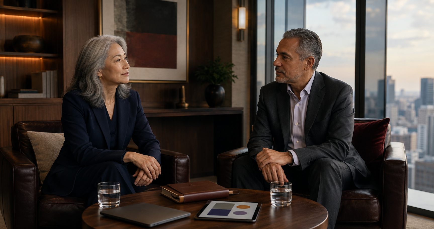 Senior executive meeting privately with an executive coach to discuss leadership decisions, accountability, and strategic priorities.