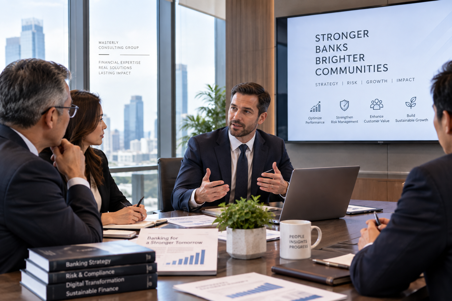 Bank consultant meeting with financial organization executives
