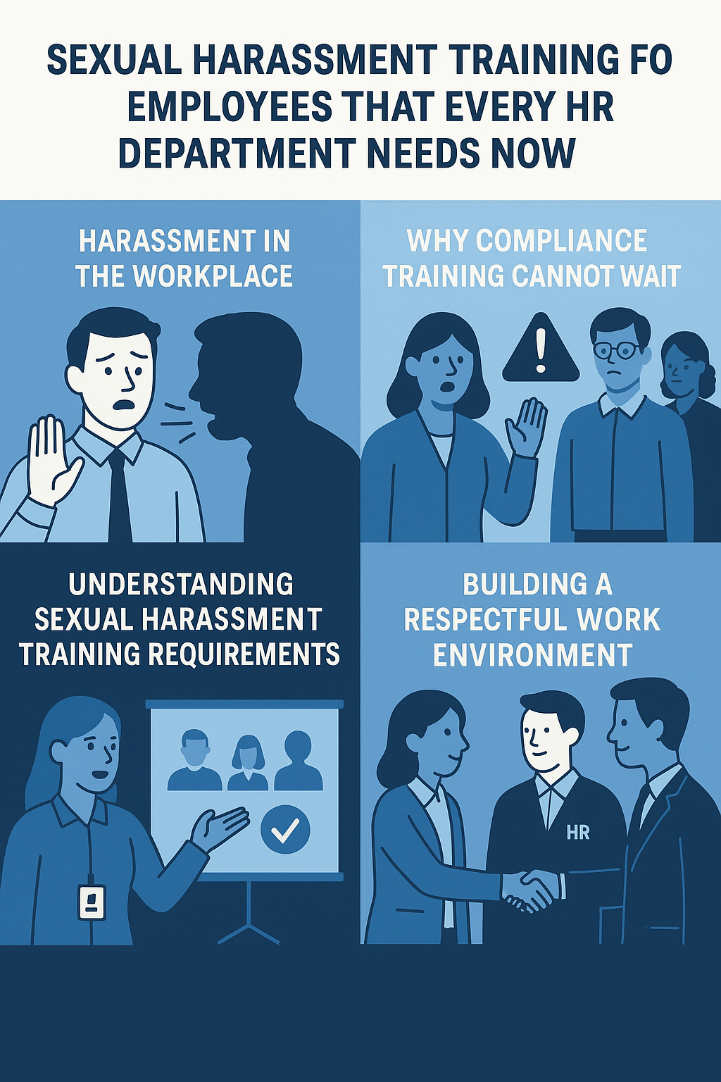 Sexual Harassment Training for Employees That Every HR Department Needs Now,’ divided into four illustrated sections in blue tones. Top left: a male employee raising his hand as another shadowed figure speaks inappropriately, labeled ‘Harassment in the Workplace.’ Top right: a woman raising her hand with a warning icon beside concerned colleagues, labeled ‘Why Compliance Training Cannot Wait.’ Bottom left: an HR trainer pointing to a screen with employee icons and a checkmark, labeled ‘Understanding Sexual Harassment Training Requirements.’ Bottom right: HR representative shaking hands with two employees, labeled ‘Building a Respectful Work Environment.