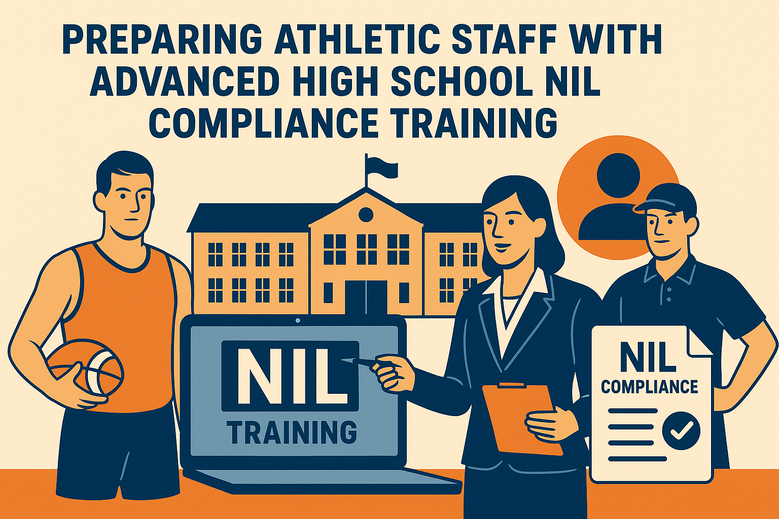 Preparing Athletic Staff with Advanced High School NIL Compliance Training.” The image shows a basketball player holding a ball, a female instructor in a suit pointing to a laptop screen labeled “NIL Training,” and a coach holding a document marked “NIL Compliance” with a checkmark. In the background, a school building with a flag is visible, along with an orange icon symbolizing athlete profiles. The color scheme uses navy blue, orange, beige, and white to convey professionalism and authority.