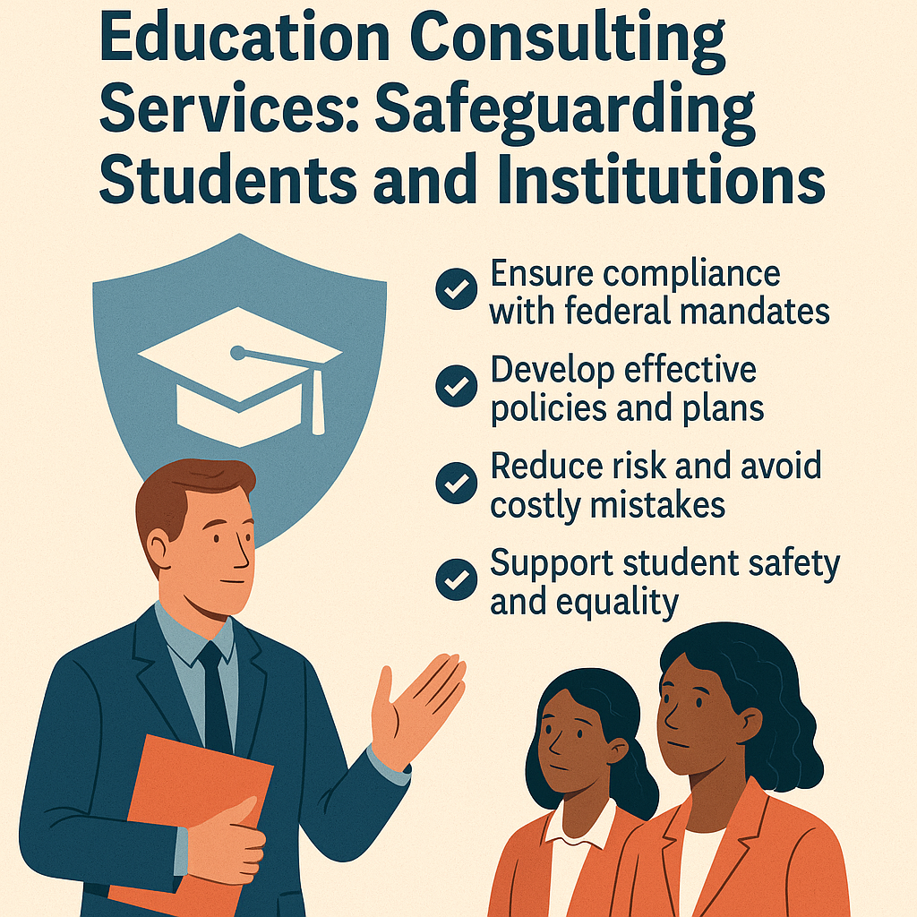 Education Consulting Services: Safeguarding Students and Institutions.” On the left, a male consultant in a suit holds a folder and gestures while speaking to two female educators. Behind them is a large shield icon with a graduation cap symbol. On the right, a checklist highlights benefits: ensure compliance with federal mandates, develop effective policies and plans, reduce risk and avoid costly mistakes, and support student safety and equality.
