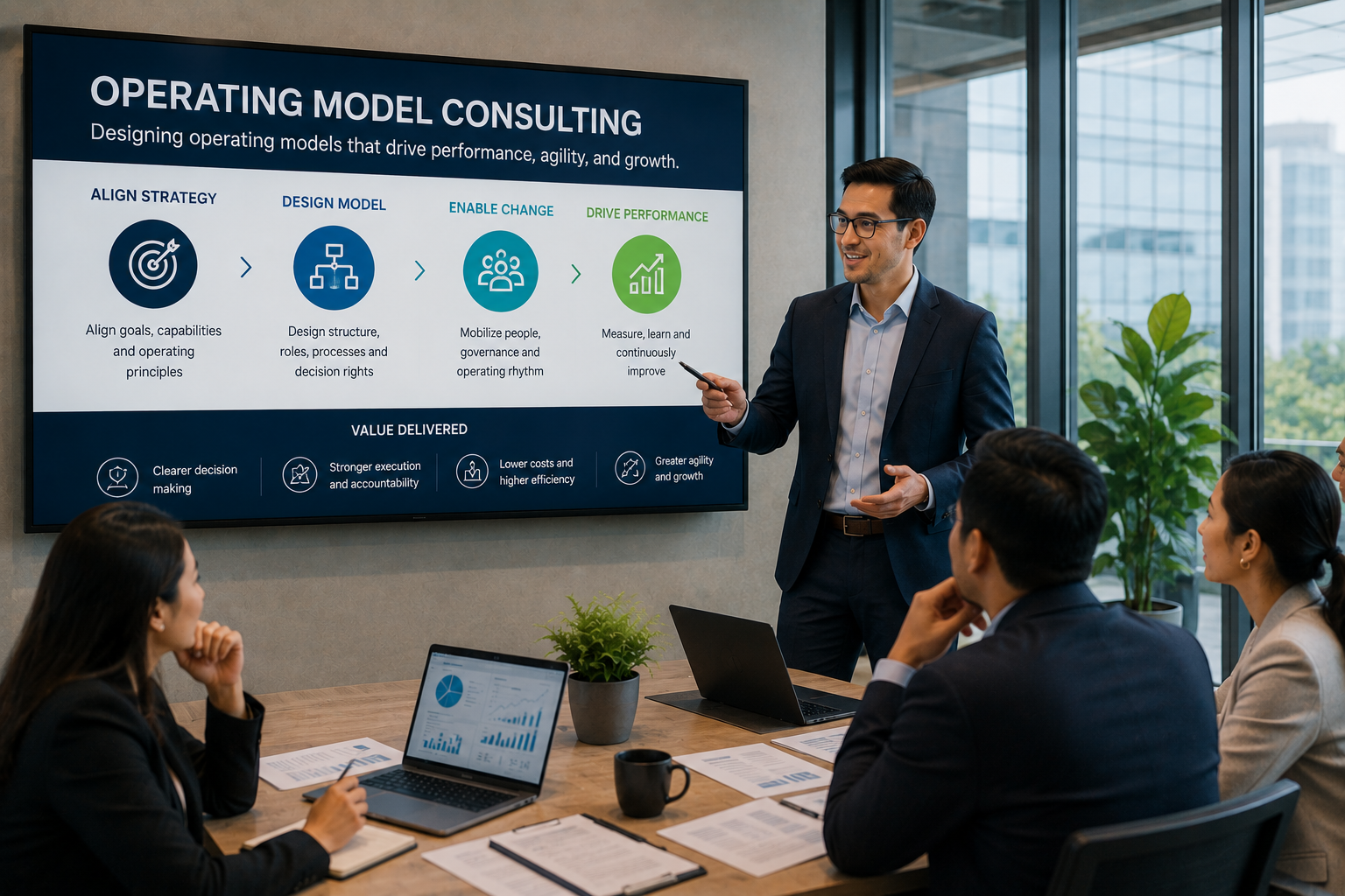 Premium realistic operating model consulting meeting with business leaders reviewing organizational structure, processes, roles, governance, and performance strategy.
