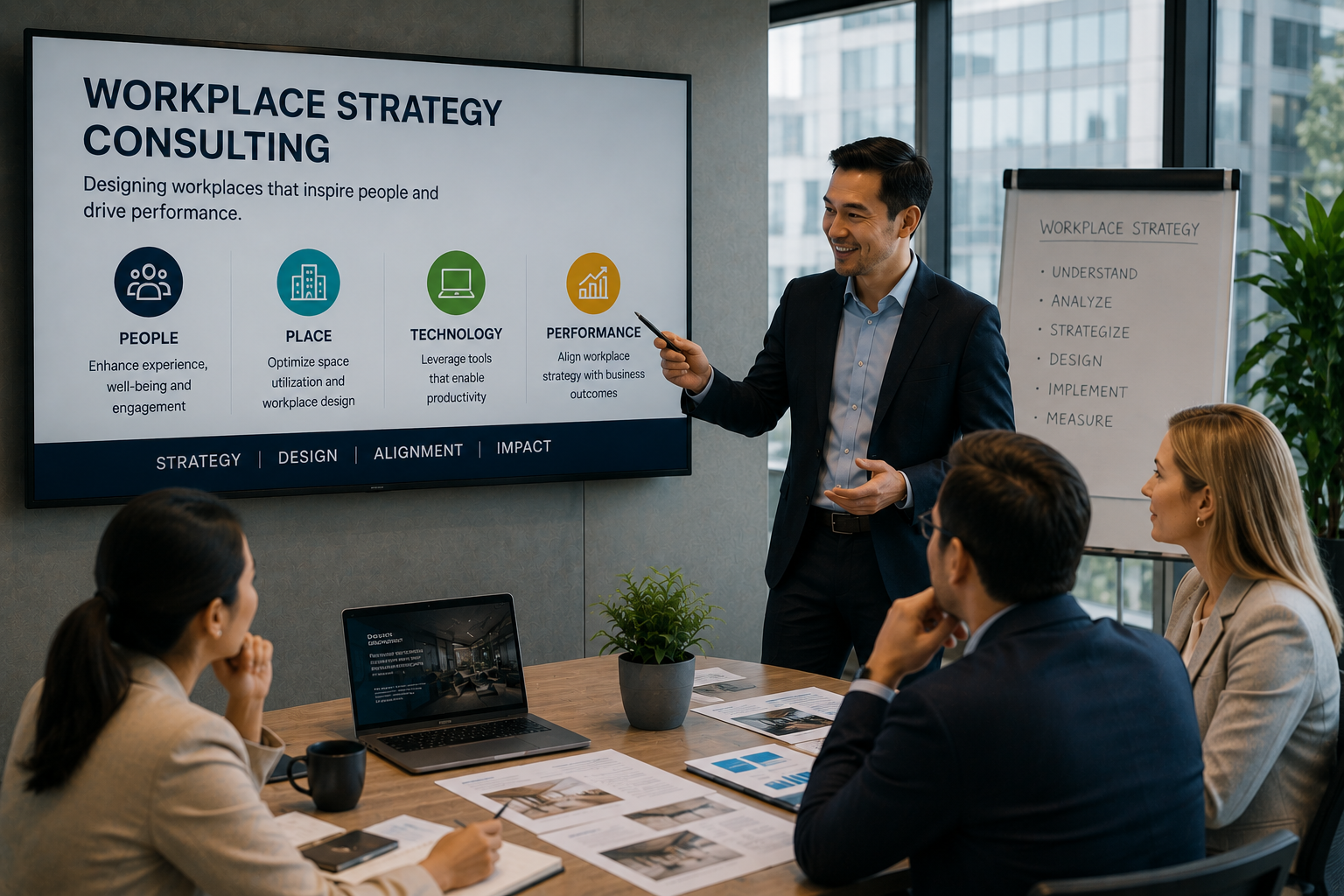 Premium realistic workplace strategy consulting meeting with business leaders evaluating people, office space, technology, workplace design, and performance.