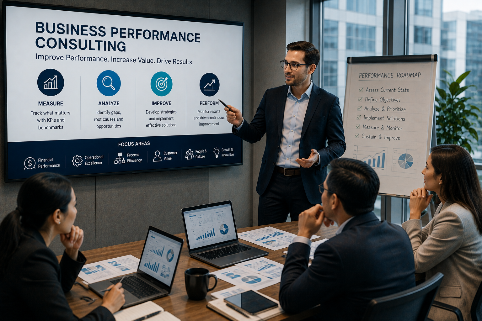 Premium realistic business performance consulting meeting with professionals reviewing KPIs, operational efficiency, financial performance, customer value, and growth strategies.