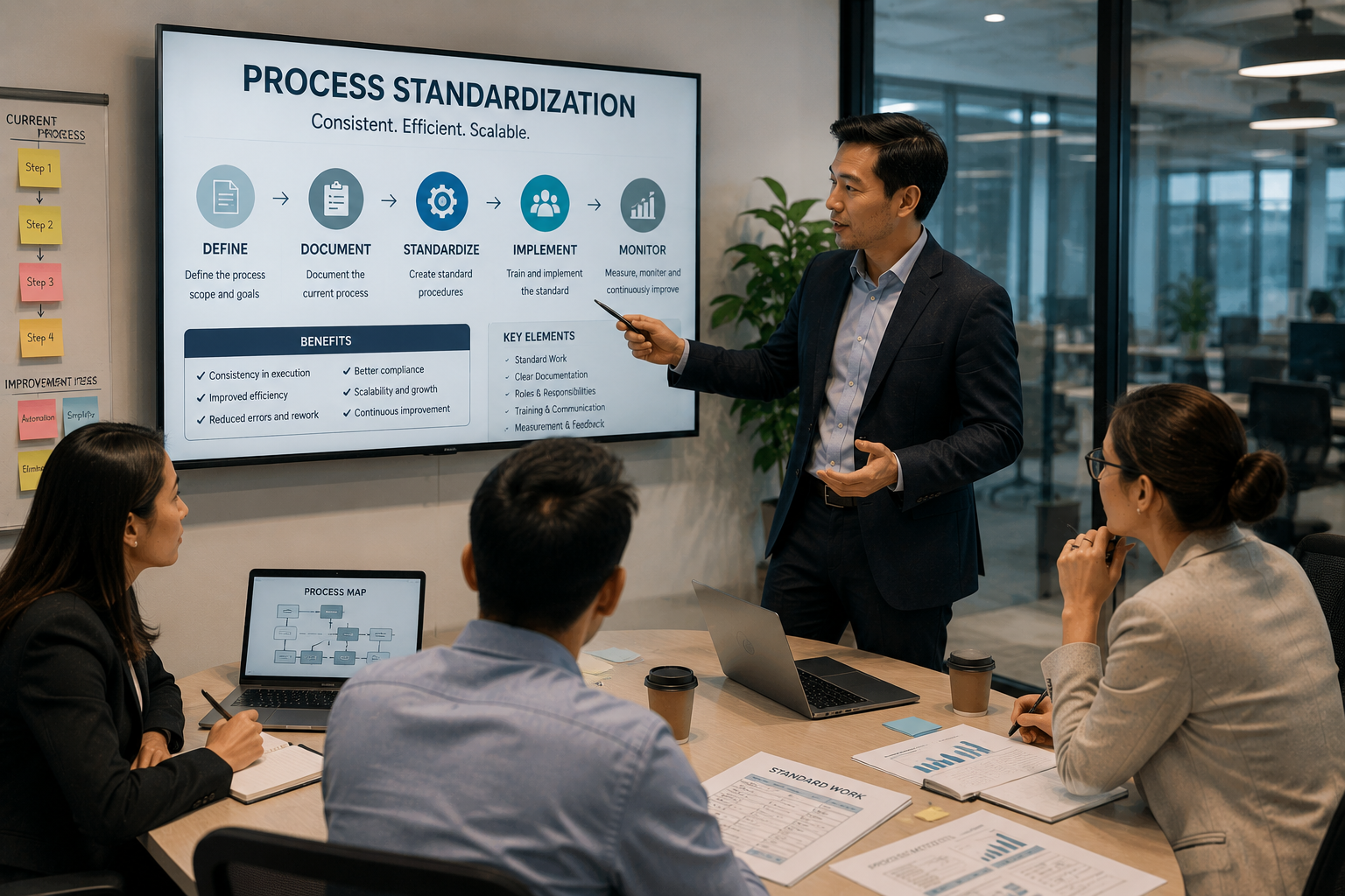 Premium realistic process standardization meeting with business professionals reviewing workflows, documentation, standard procedures, implementation, and performance monitoring.
