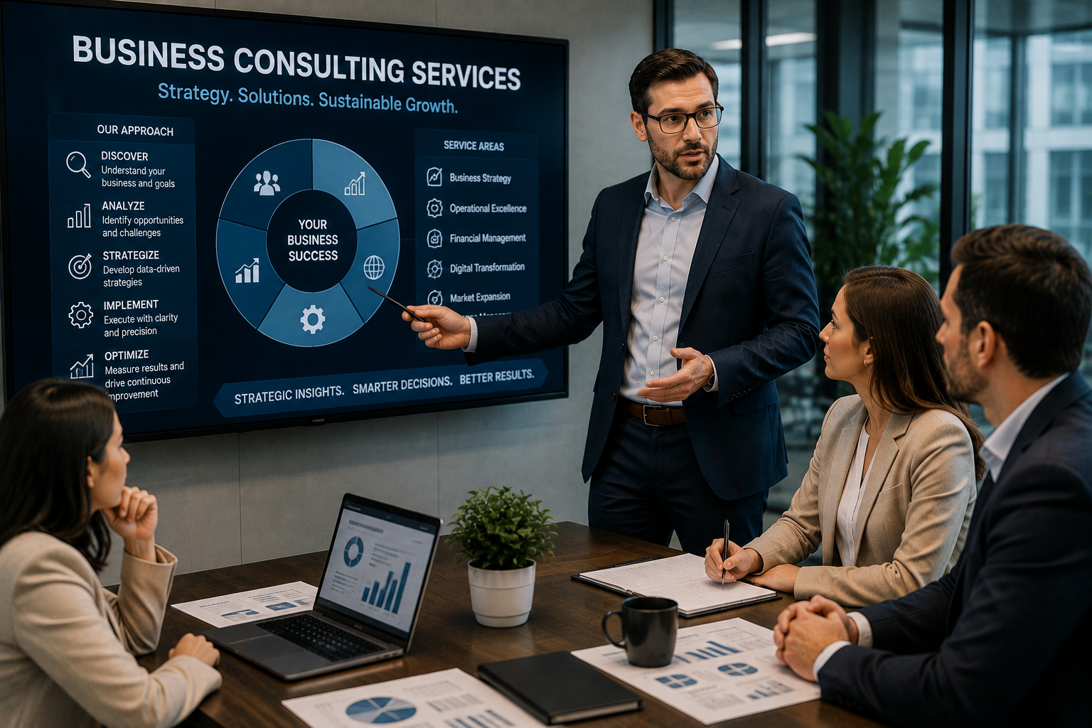 Business consultant presenting strategic solutions to corporate leaders.