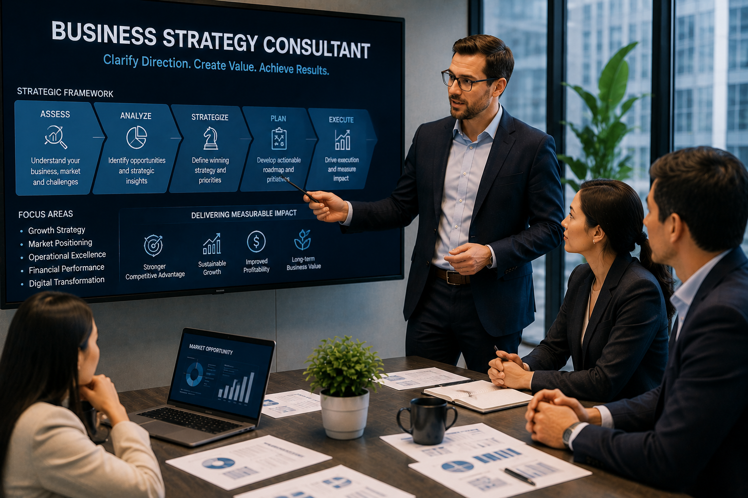 Business strategy consultant presenting a strategic growth plan to business leaders.