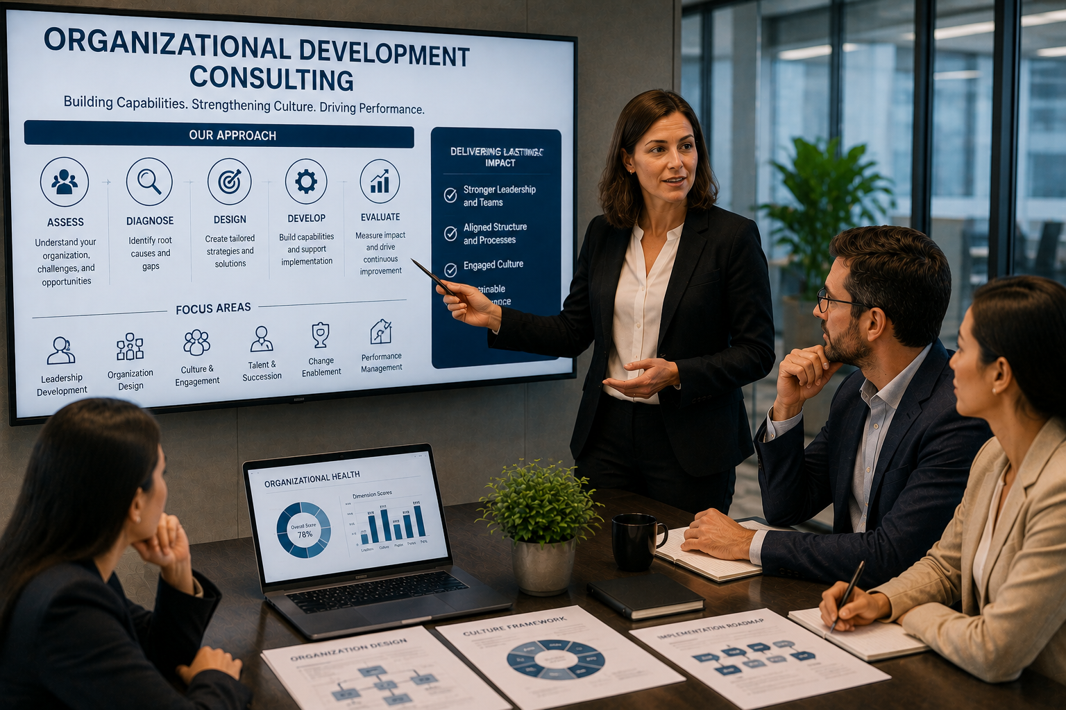 Organizational development consultant presenting a workplace strategy to business leaders.