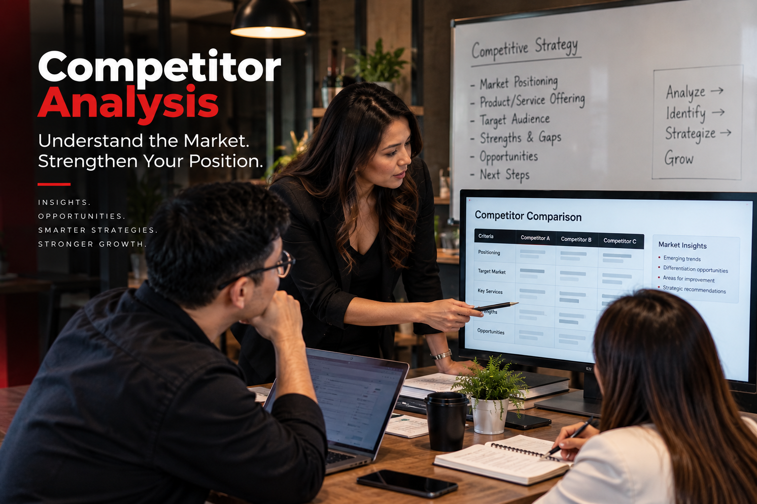 Business consulting firm competitor analysis consultation with a consultant leading a collaborative working session, reviewing competitive positioning, market insights, and strategic opportunities with business leaders.