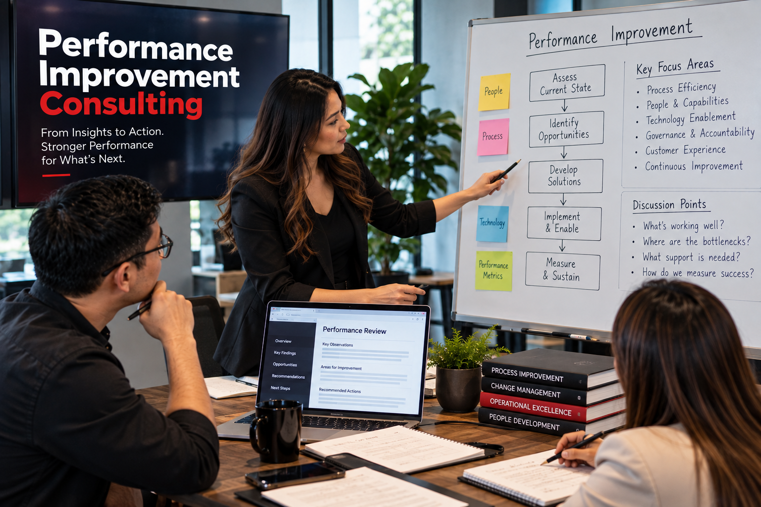 Performance improvement consulting team reviewing processes, performance metrics, improvement opportunities, and action plans during a working session.