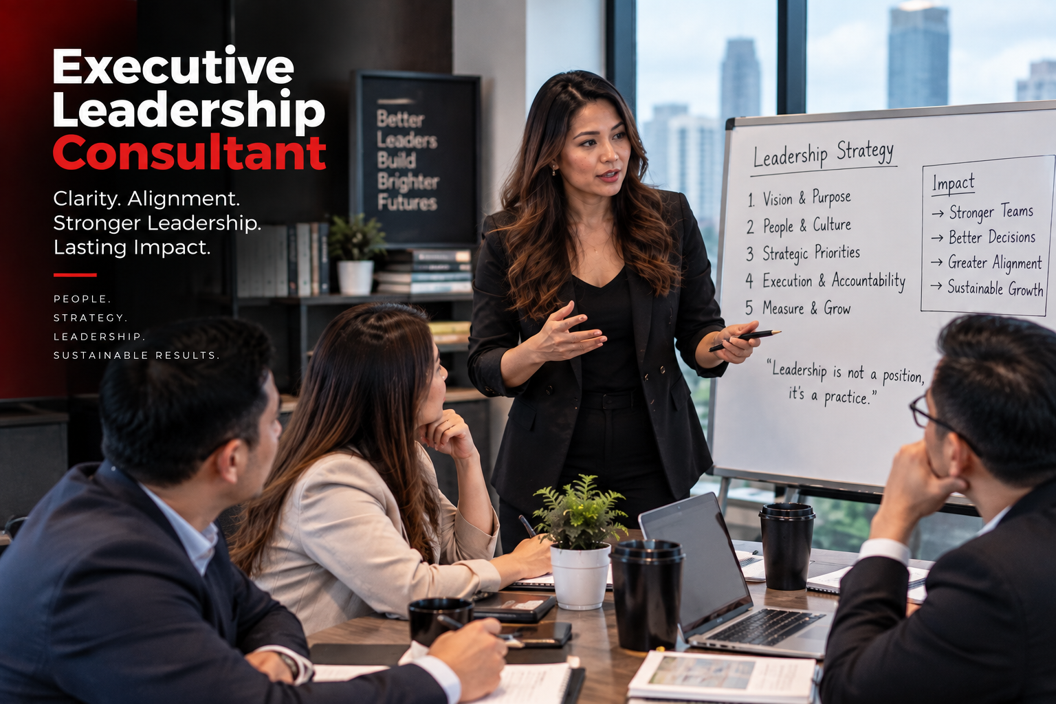 Executive leadership consultant leading a strategic working session with business leaders, reviewing leadership priorities, team alignment, decision-making, accountability, and organizational growth.