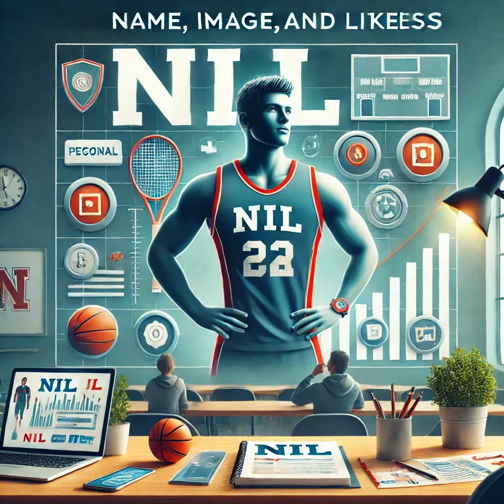 A student-athlete confidently presenting their personal brand on social media, surrounded by financial planning and branding tools. A classroom setting with NIL training materials and a university logo in the background highlights the supportive role of universities in empowering athletes through NIL opportunities.