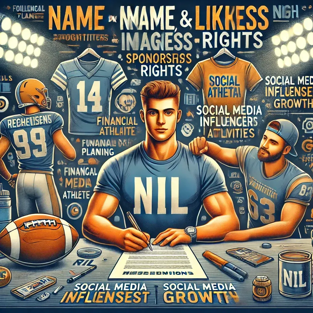 A college athlete signing a sponsorship deal, a social media influencer athlete promoting a brand, and a student-athlete engaging in personal branding activities. The image includes tools for financial planning and product endorsements, showcasing how NIL rights empower athletes to grow their brand and seize opportunities.