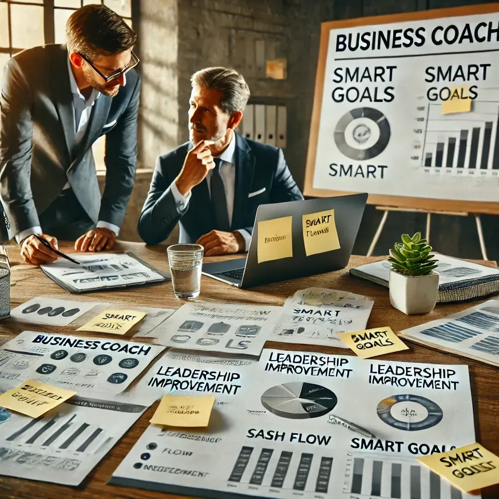 A professional office setting highlighting the impact of business coaching on small business success. The scene features a business coach consulting with a small business owner at a desk, reviewing a strategic planning document with SMART goals. A laptop displays a cash flow analysis, sticky notes outline leadership improvement steps, and a whiteboard in the background illustrates a business growth roadmap. The environment emphasizes collaboration, strategic planning, and tools for sustainable growth.
