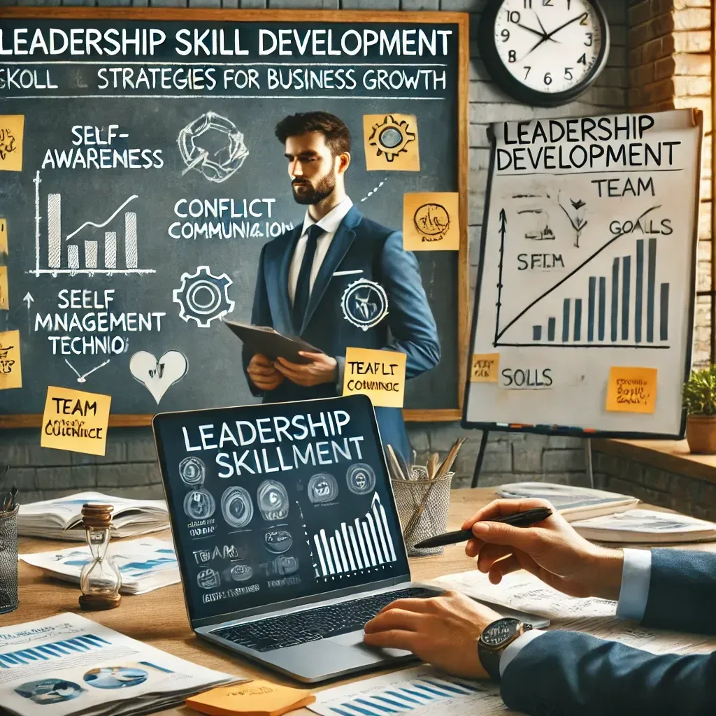A professional office setting showcasing leadership skill development for business growth. The scene features a business coach guiding a leader through strategies on a laptop displaying time management techniques and conflict resolution methods. Sticky notes highlight key skills like self-awareness and effective communication, while a whiteboard in the background illustrates a leadership development framework focused on team cohesion and performance goals. The environment emphasizes collaboration and strategic growth.