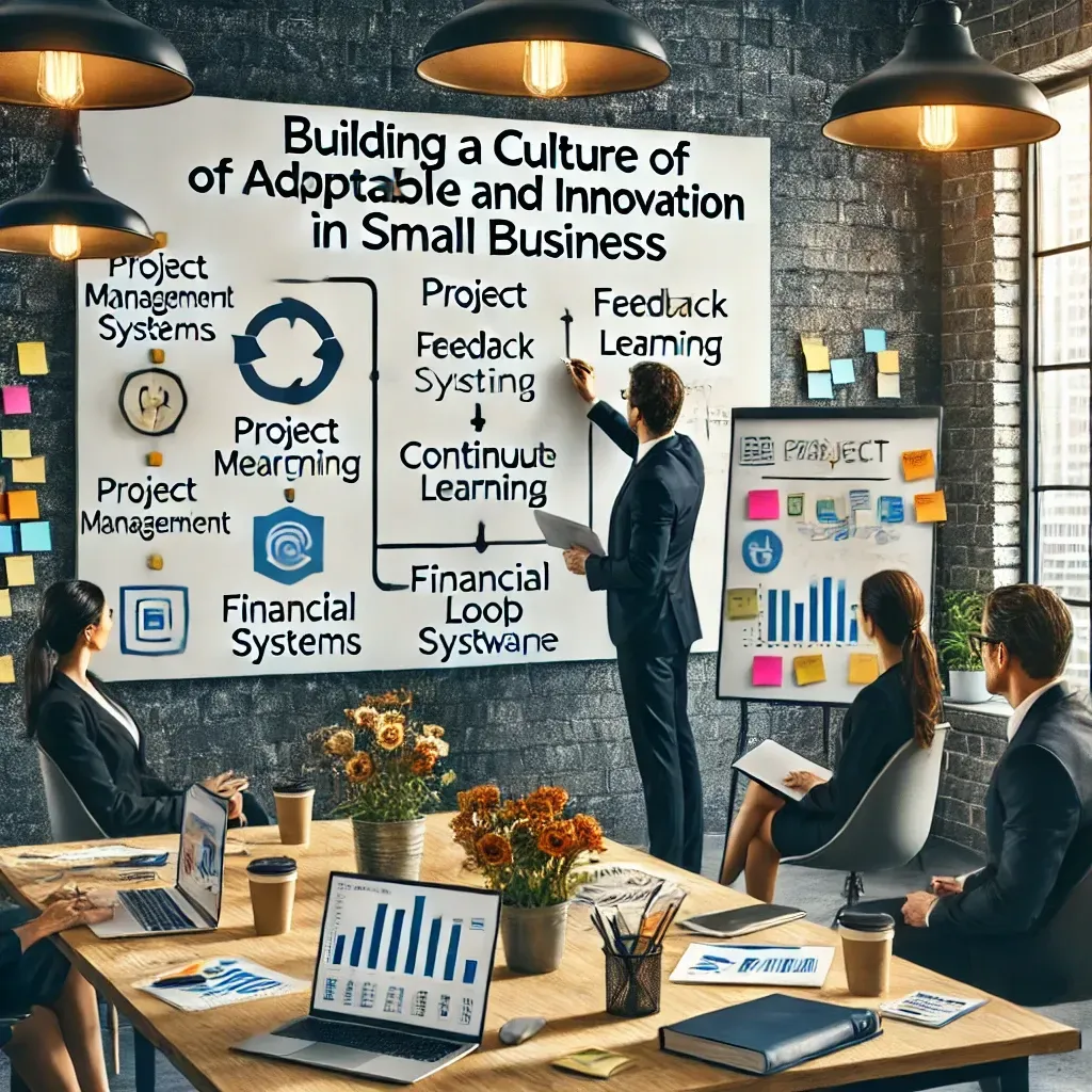 A professional office setting highlighting strategies for building a culture of adaptability and innovation in small businesses. The scene features a business coach collaborating with a team at a whiteboard, outlining strategies like continuous learning and feedback loops. A laptop displays project management software, and sticky notes emphasize tools such as CRM systems and financial management software. The environment underscores collaboration, operational efficiency, and sustainable growth.
