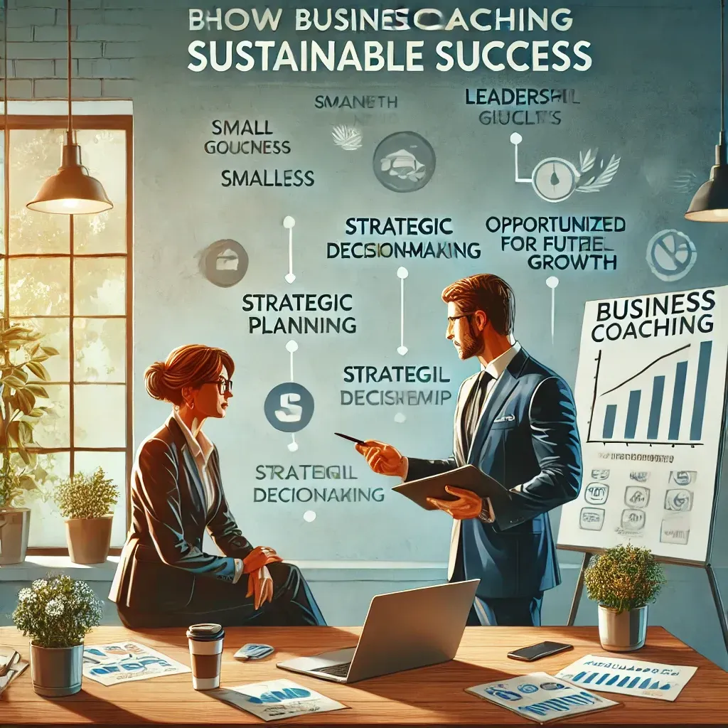 A professional office scene depicting a business coach mentoring a small business owner. The business coach is guiding the owner through strategic planning and leadership development at a desk. A laptop displays a growth roadmap, while a whiteboard in the background outlines actionable goals and future opportunities. The image emphasizes collaboration, strategic decision-making, and personalized support for achieving long-term business success.