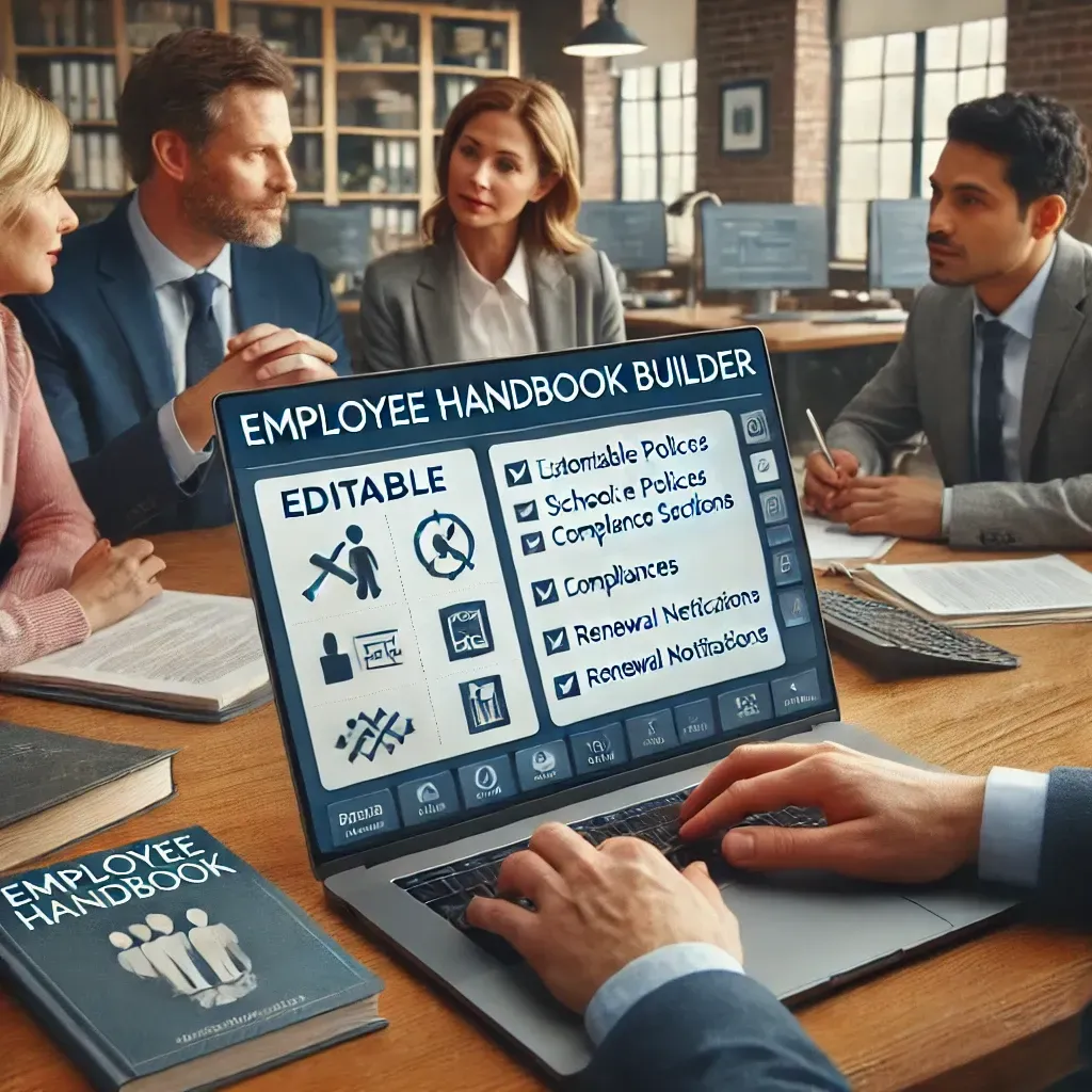 A professional office setting where school administrators and HR professionals are using an employee handbook builder on a laptop. The screen displays a customizable handbook template with editable fields for workplace policies, compliance sections, and renewal notifications. A printed version of the handbook is also visible on the desk, emphasizing the ease of both digital and physical distribution. The scene highlights professionalism and efficiency in policy management.
