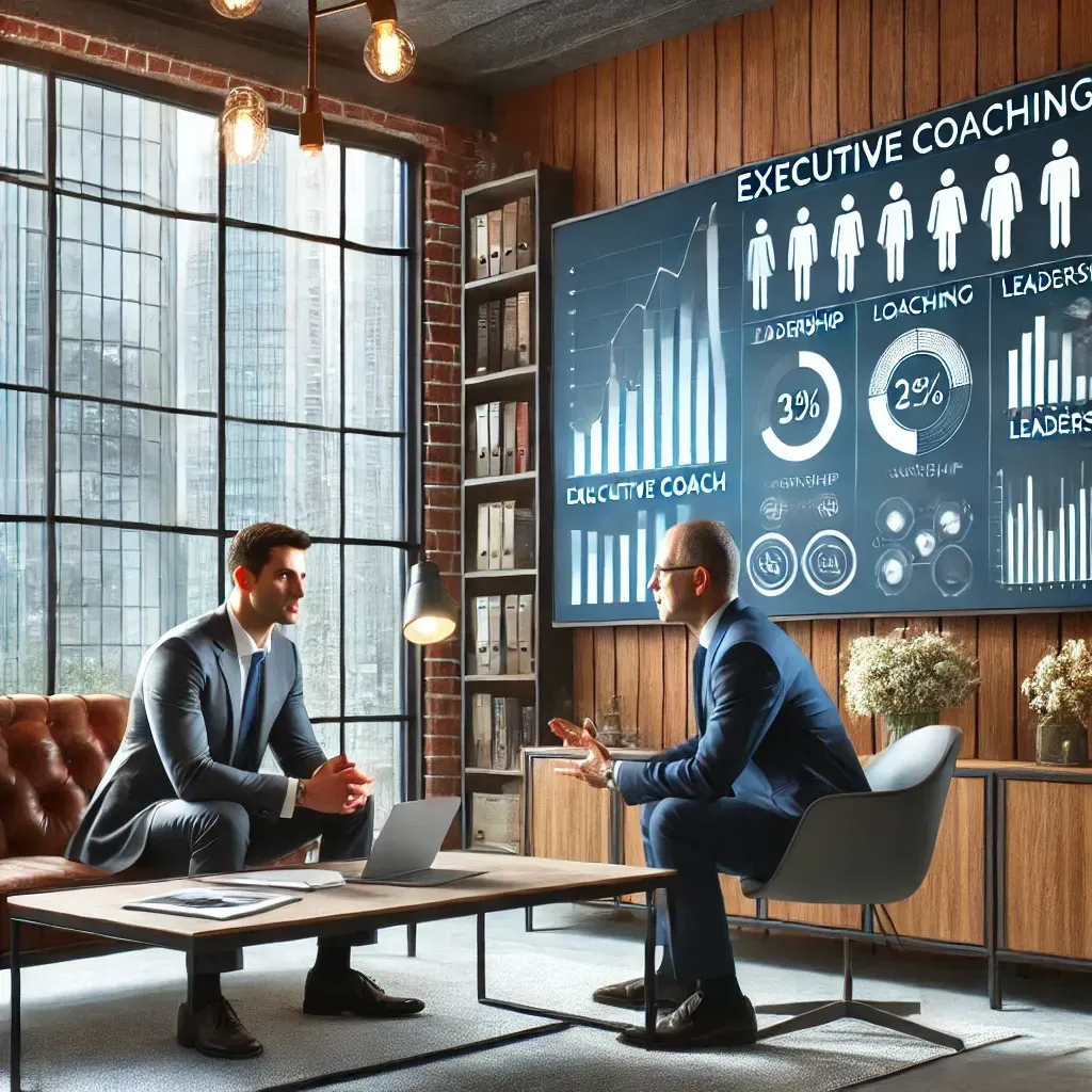 A professional executive coaching session takes place in a modern office setting. A business leader engages in a one-on-one coaching session with an executive coach, discussing leadership strategies. The office features a large screen displaying coaching trends and analytics, emphasizing digital coaching and leadership development. A bookshelf with business books and a window overlooking a city skyline enhance the professional atmosphere.