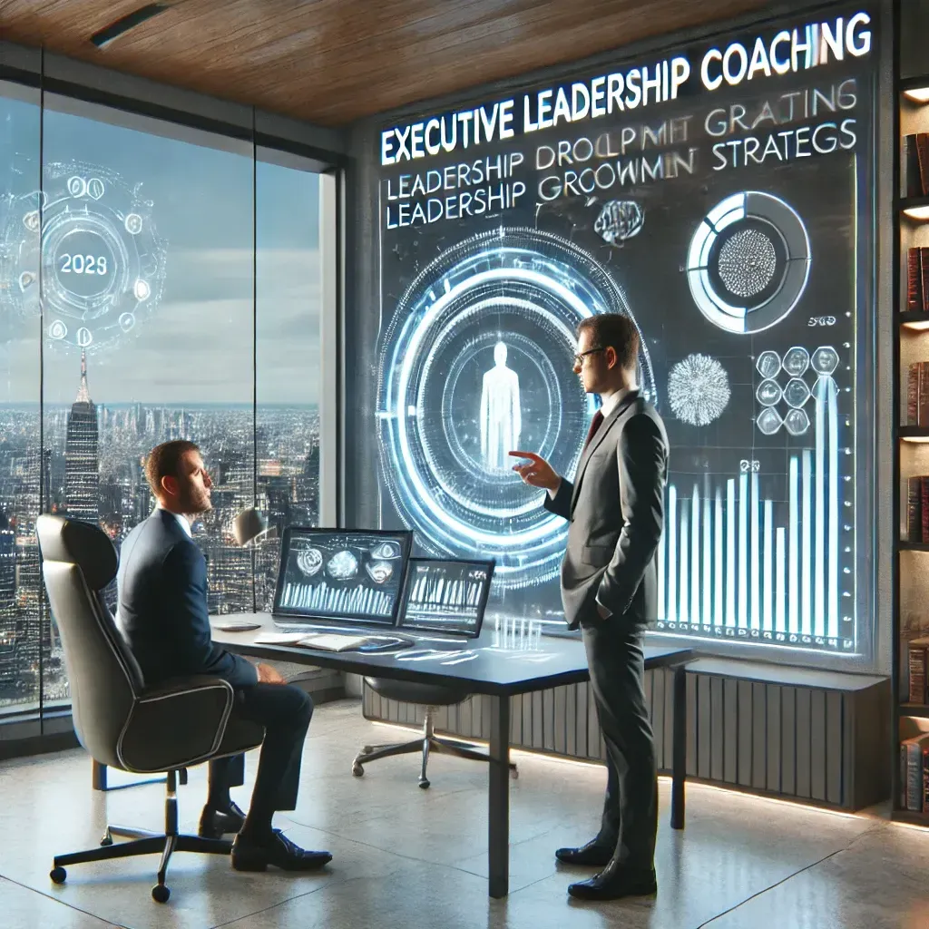 A futuristic executive coaching session in a modern office setting. A business leader engages in an interactive coaching session with an executive coach, discussing leadership growth strategies. The office features a large screen displaying leadership development trends and analytics. A sleek bookshelf with business books and a panoramic city skyline is visible through a glass window, symbolizing the future of executive leadership coaching in 2025.