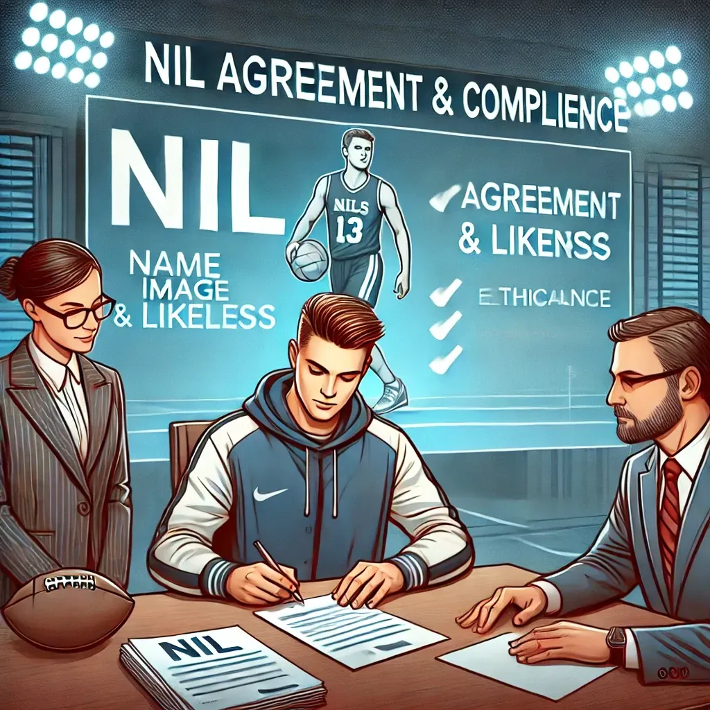 An illustration of a high school athlete signing an NIL (Name, Image, and Likeness) contract in a professional setting. A legal advisor and a school administrator are present, ensuring ethical compliance. The athlete is seated at a table with documents, while a digital screen in the background displays 