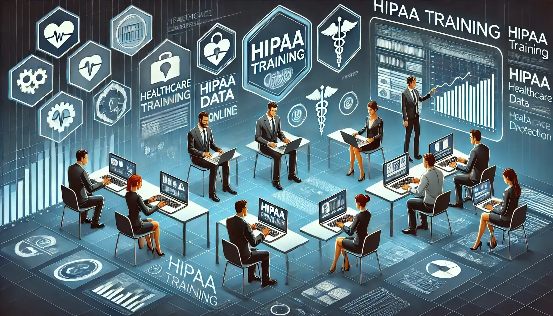 An illustration of modern professionals engaging in online HIPAA training, highlighting secure, compliant, and growth-oriented digital learning environments, with digital screens displaying healthcare data protection symbols and diverse employees actively participating.