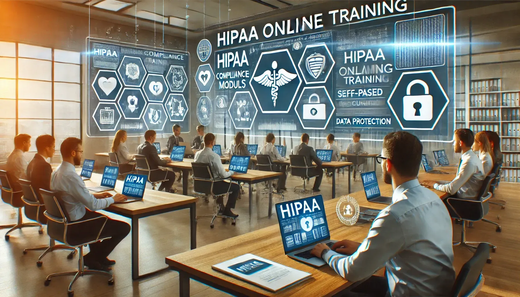 A modern office environment where employees are engaged in HIPAA online training, using laptops and tablets. Large digital screens display HIPAA compliance modules and security icons, reinforcing a tech-forward and secure business setting.