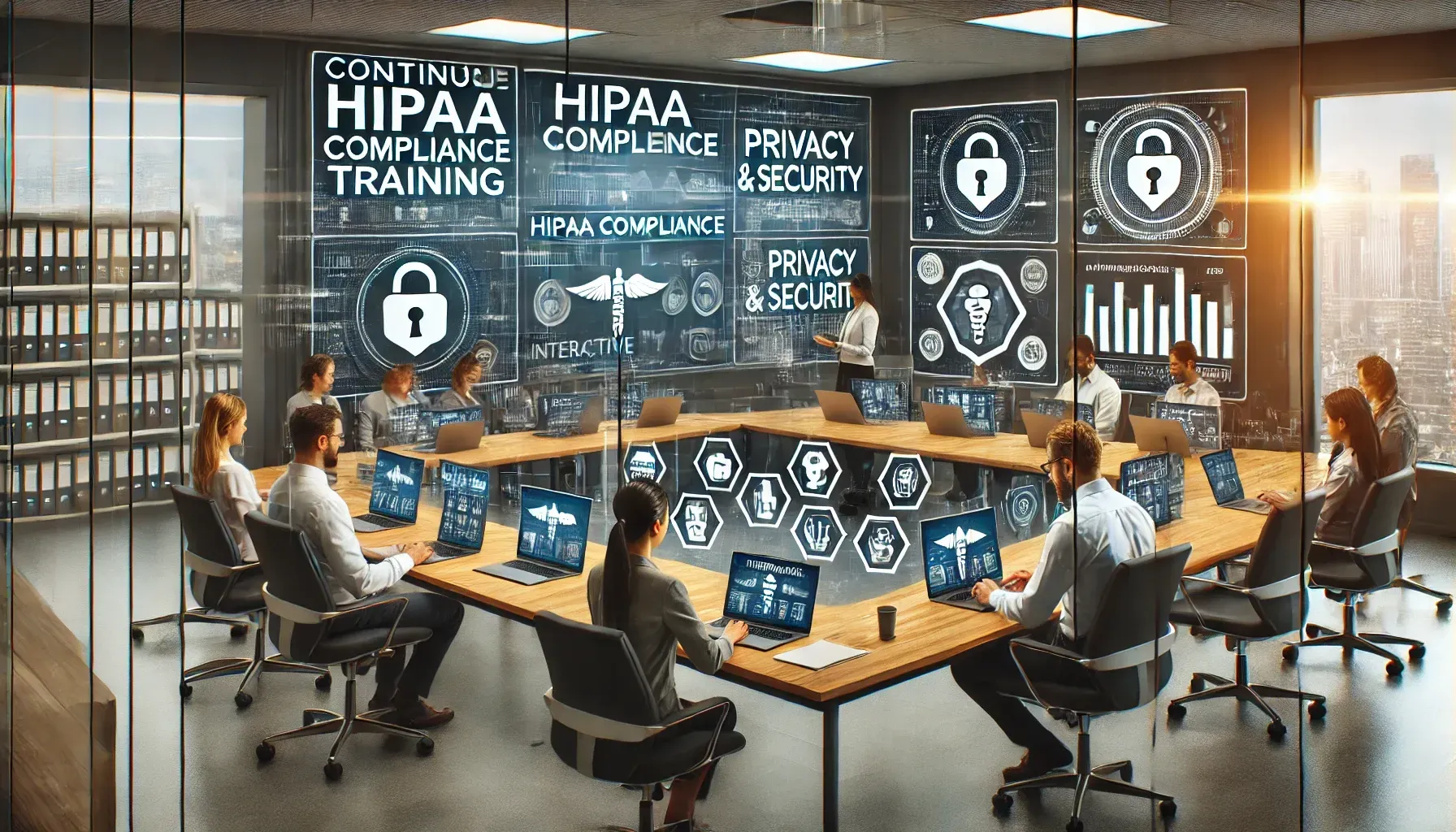 A modern office environment where employees participate in continuous HIPAA compliance training. Digital screens display interactive HIPAA training modules, privacy and security icons, and compliance checklists, reinforcing a culture of regulatory compliance and data protection.